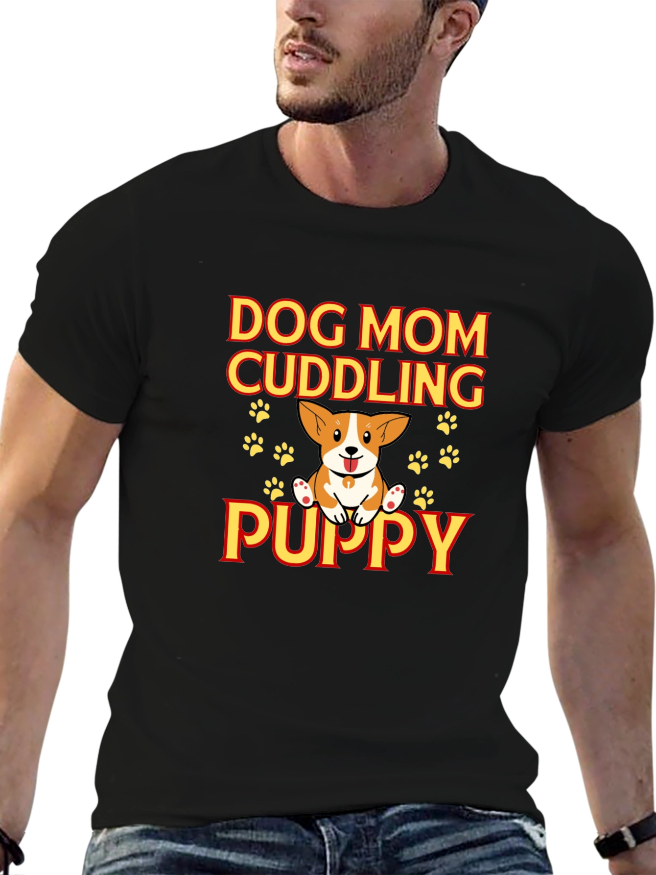 Dog Mom Cuddling Puppy Black Graphic Tee