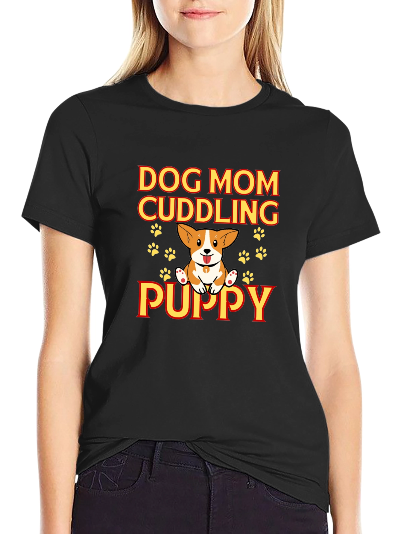 Dog Mom Cuddling Puppy Black Graphic Tee