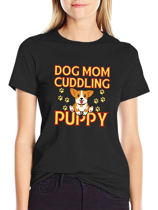 Dog Mom Cuddling Puppy Black Graphic Tee