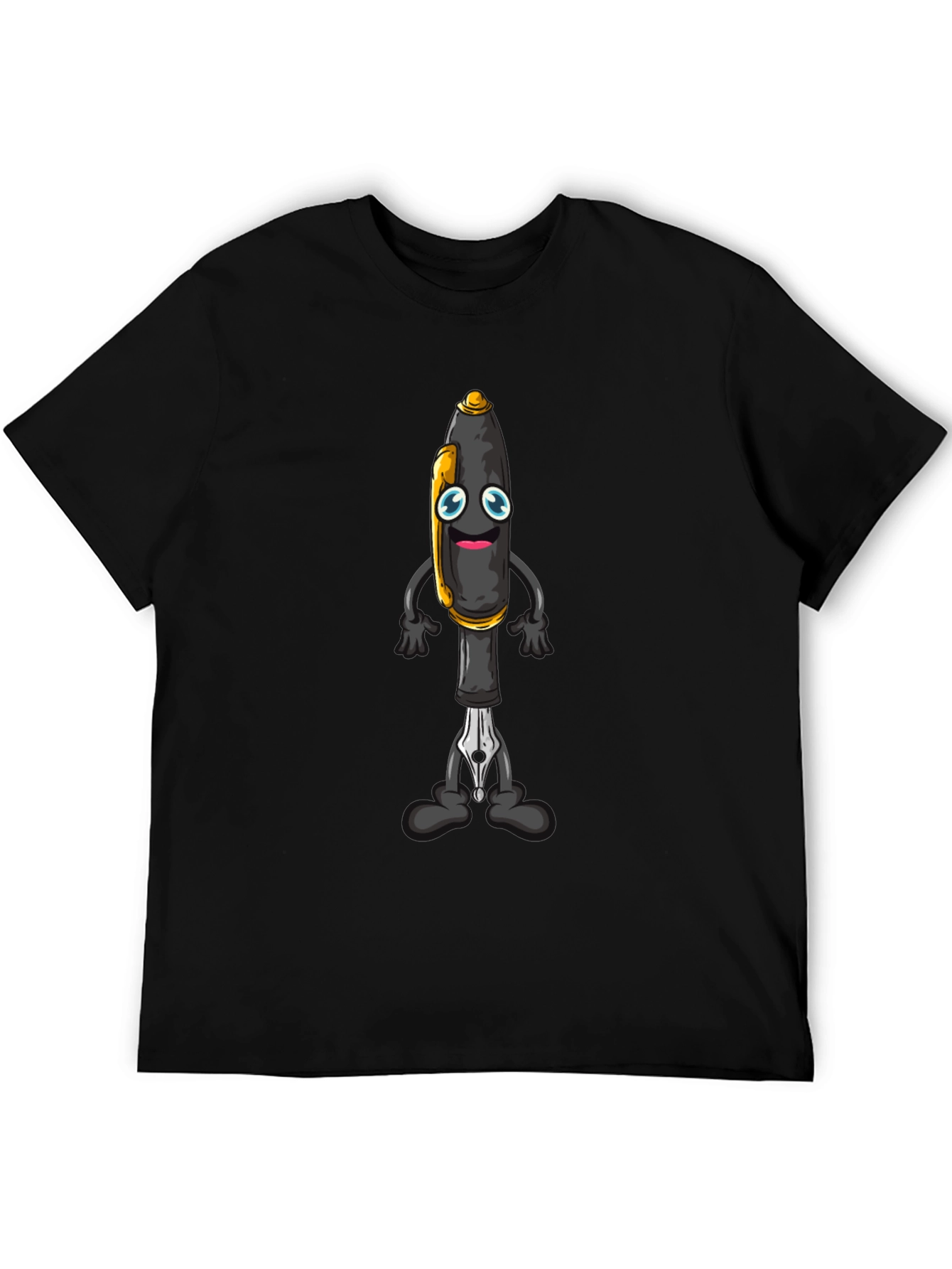 Cartoon Pen Graphic Tee - Black Cotton Blend T-Shirt