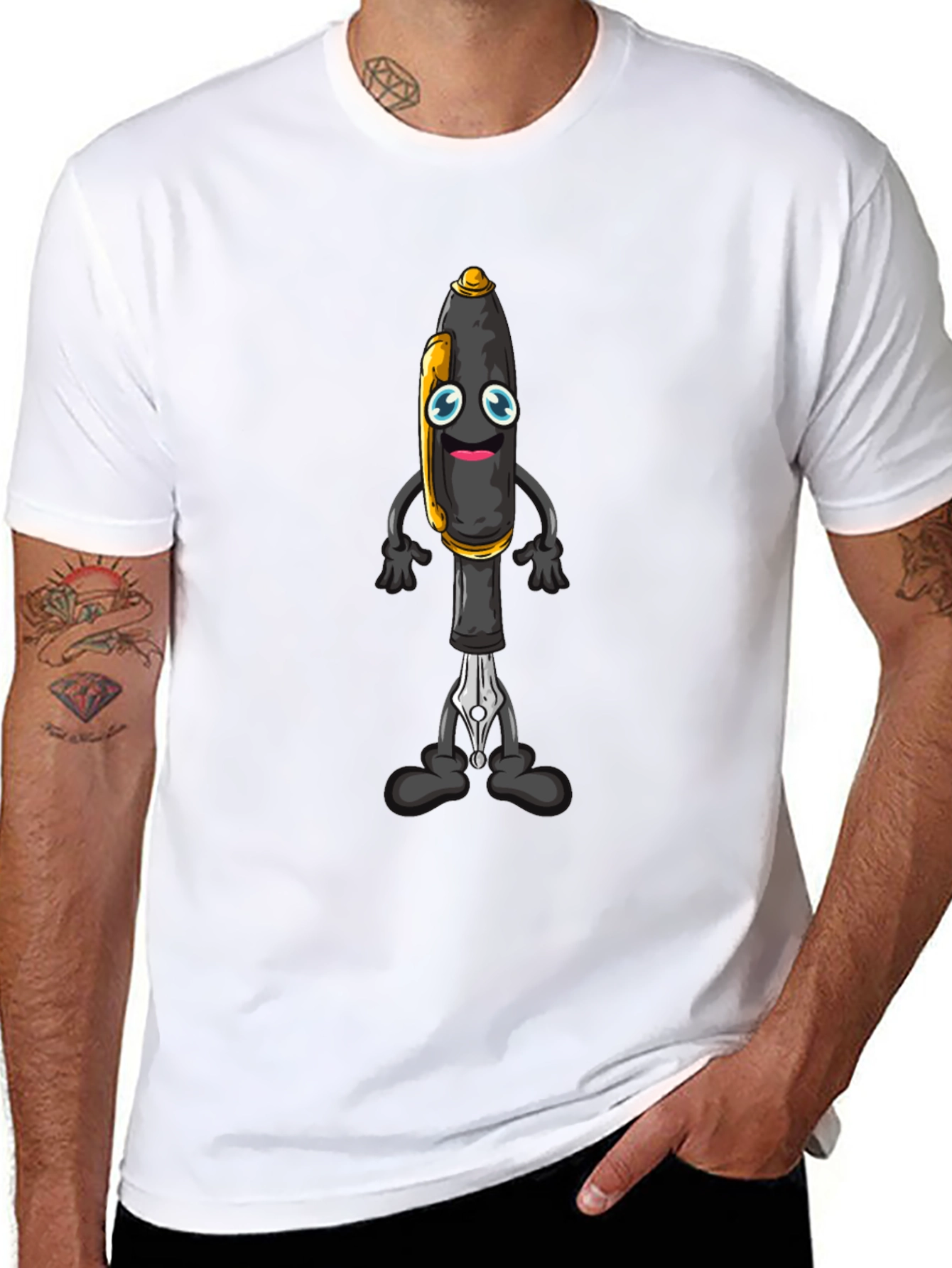 Cartoon Pen Graphic Tee - Black Cotton Blend T-Shirt