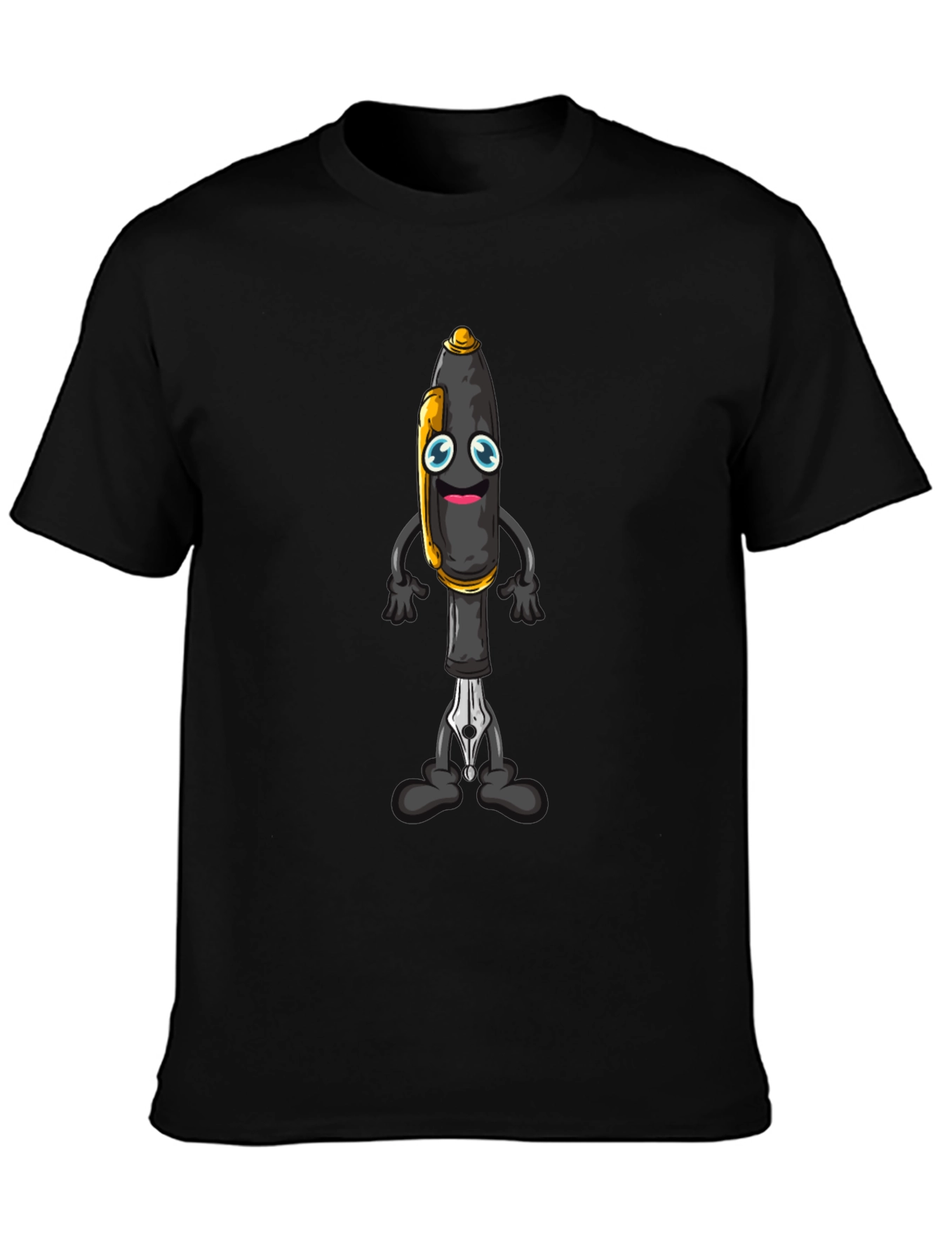 Cartoon Pen Graphic Tee - Black Cotton Blend T-Shirt