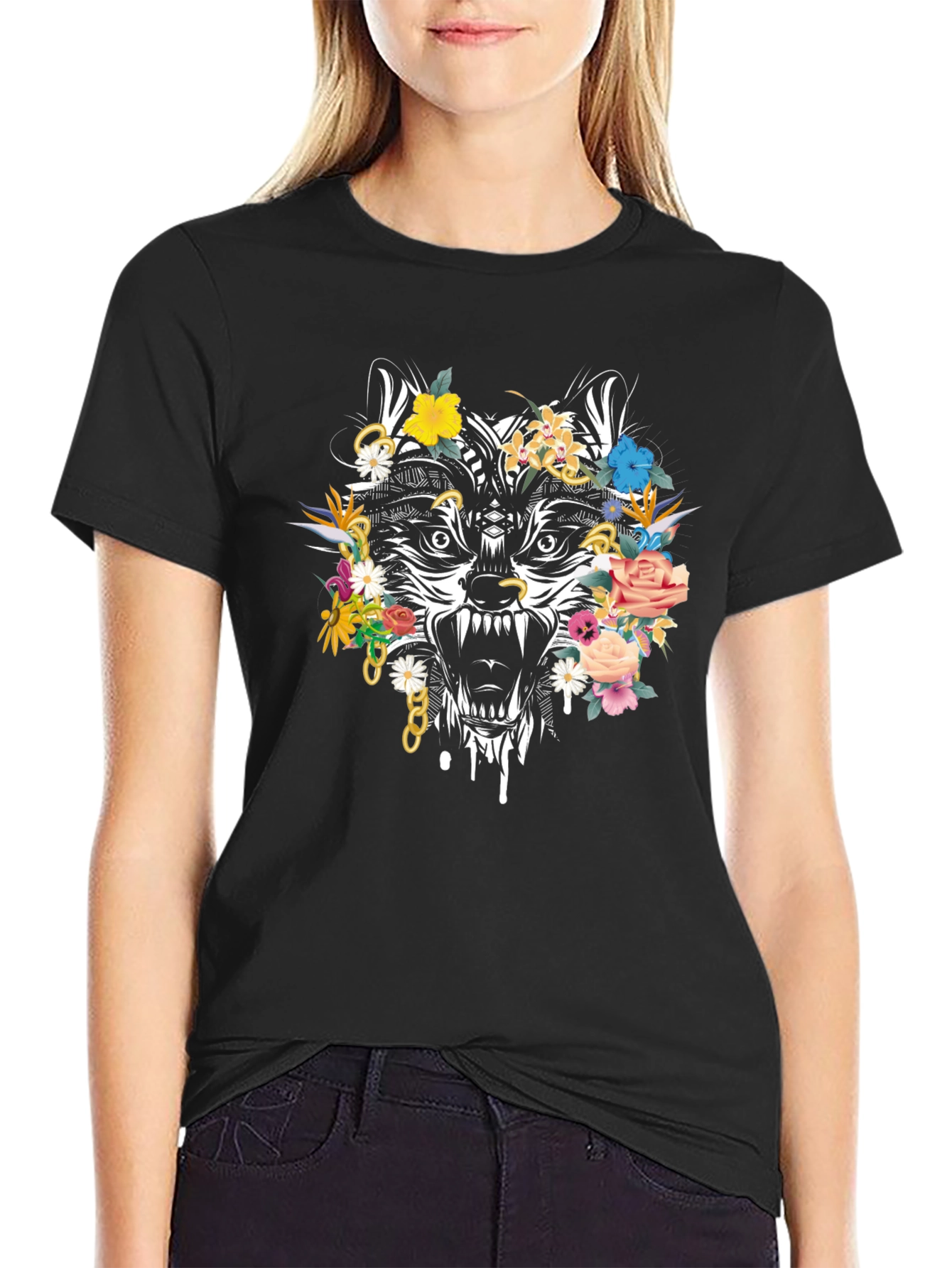 Floral Wolf Graphic Tee - Mens Black T-Shirt