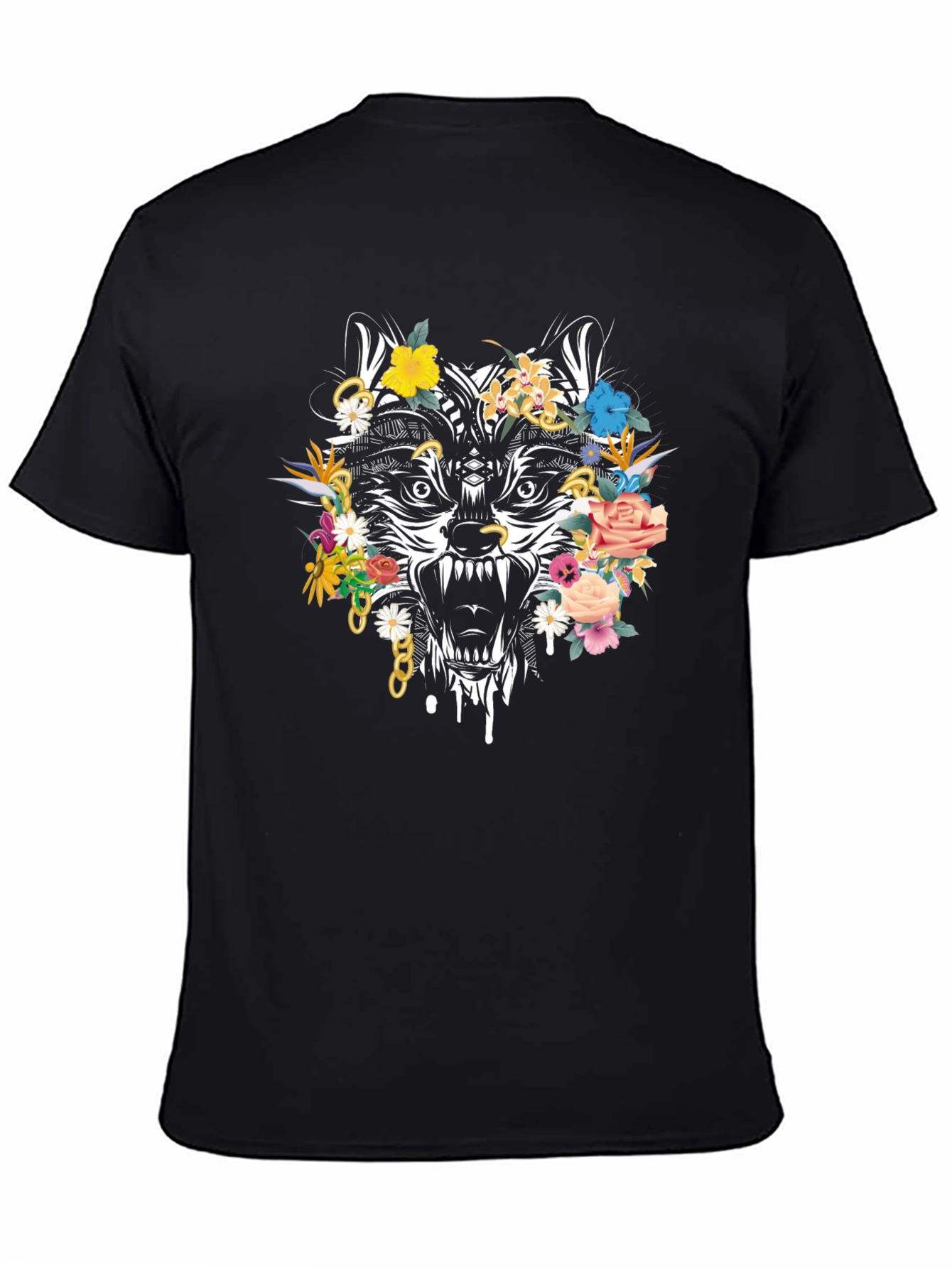 Floral Wolf Graphic Tee - Mens Black T-Shirt