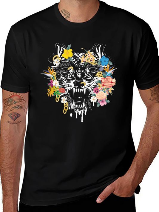 Floral Wolf Graphic Tee - Mens Black T-Shirt