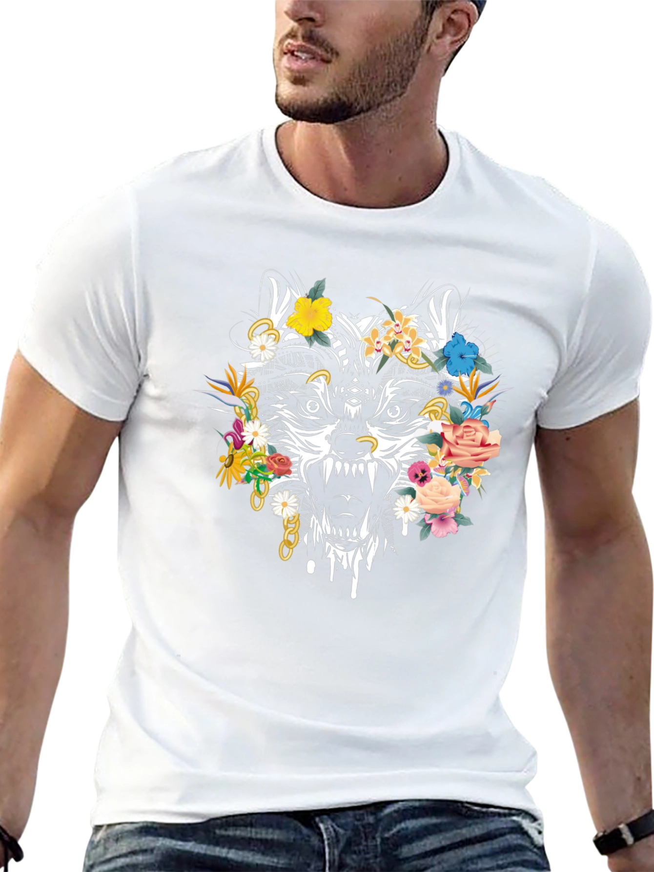 Floral Wolf Graphic Tee - Mens Black T-Shirt