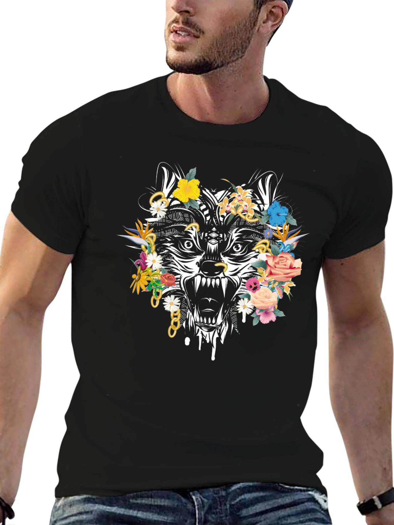 Floral Wolf Graphic Tee - Mens Black T-Shirt