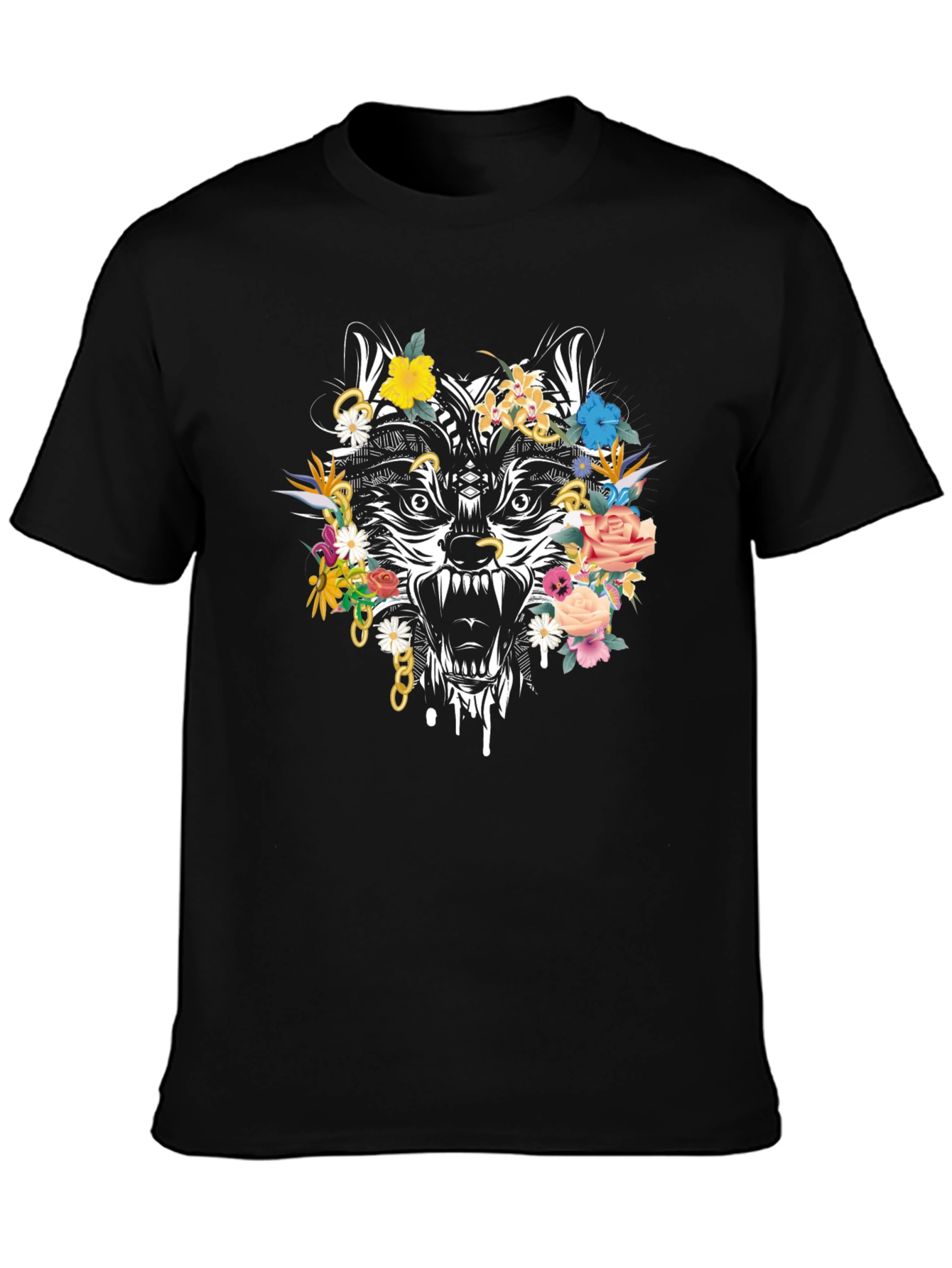 Floral Wolf Graphic Tee - Mens Black T-Shirt