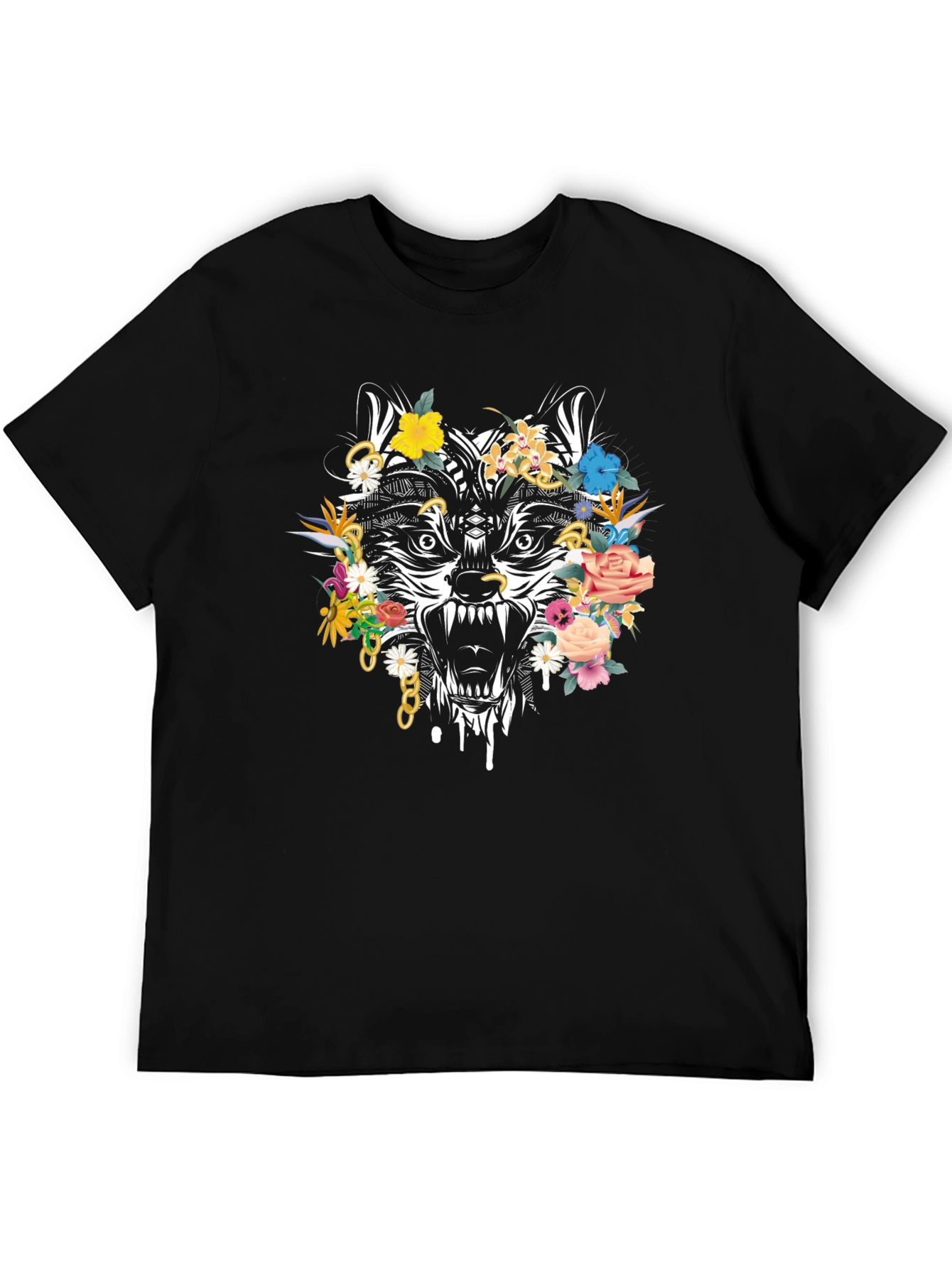 Floral Wolf Graphic Tee - Mens Black T-Shirt