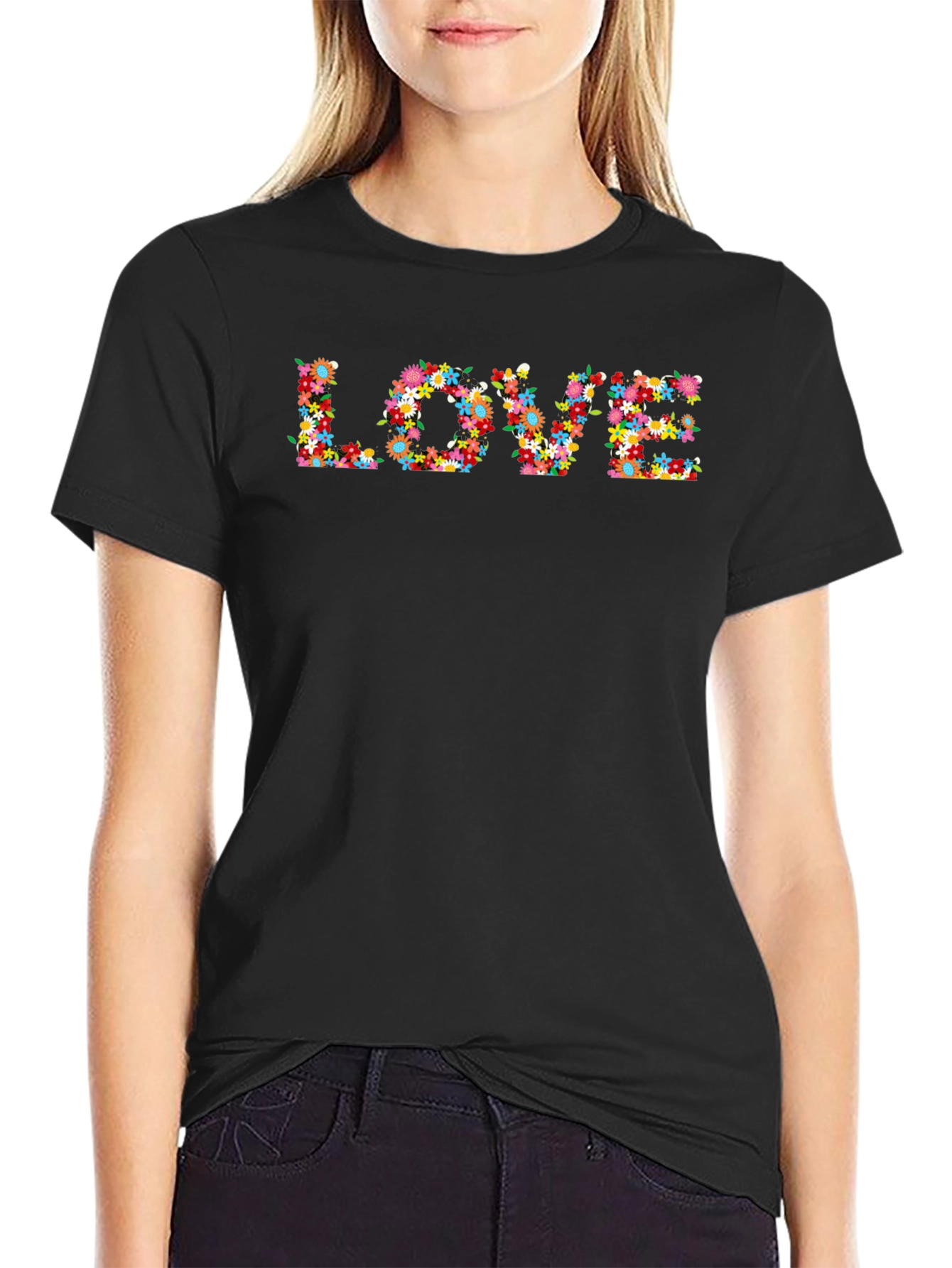 Floral LOVE Graphic Black T-Shirt