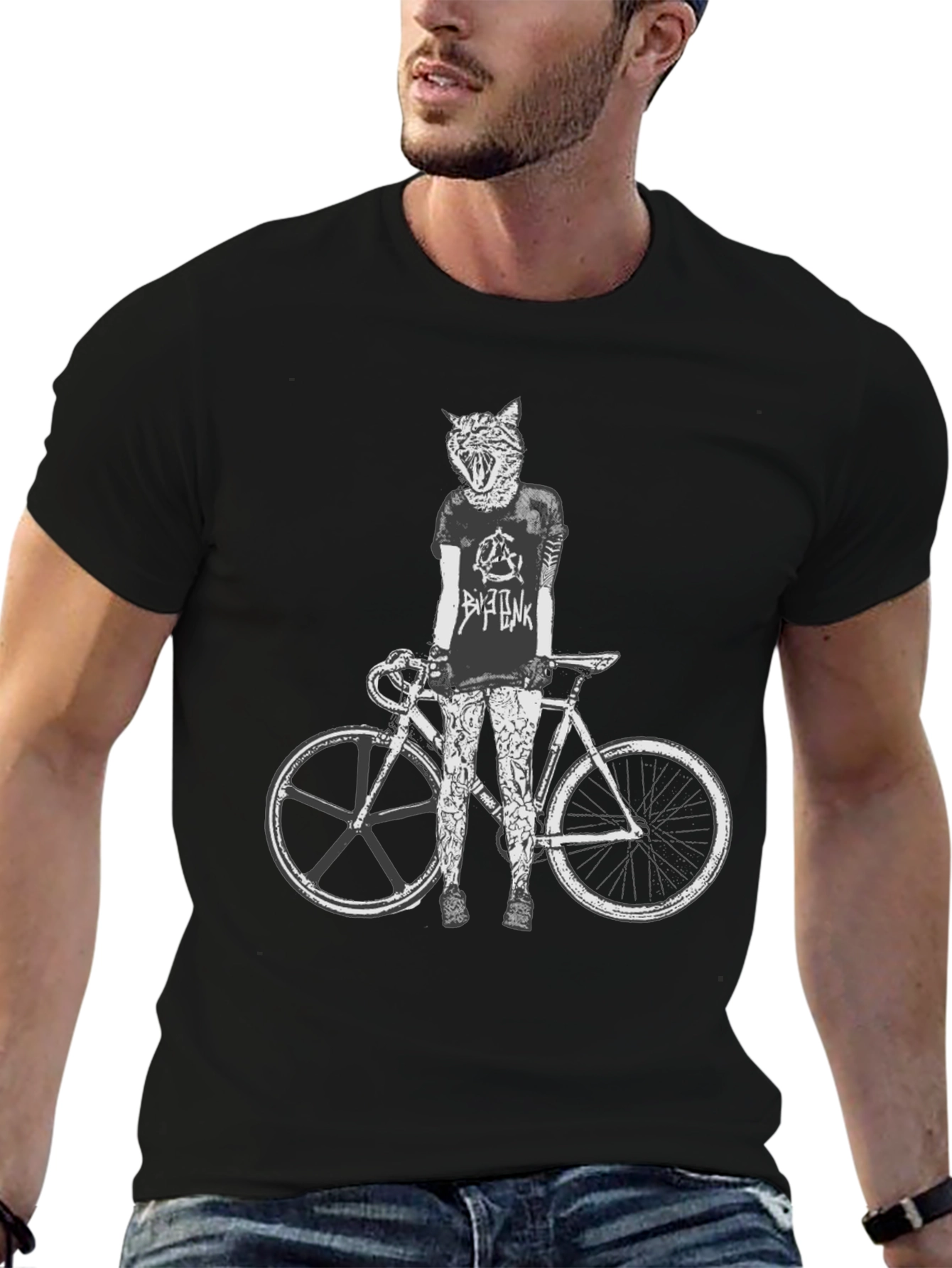 Cat Biker Graphic Tee - Stylish Mens Black T-Shirt
