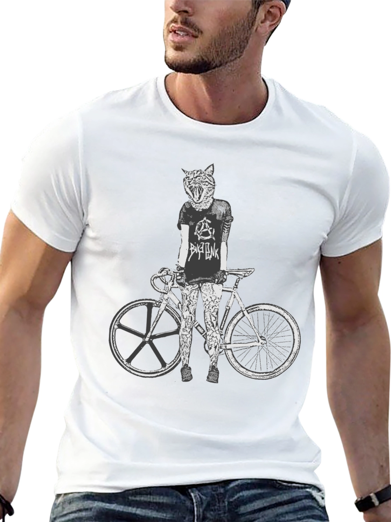 Cat Biker Graphic Tee - Stylish Mens Black T-Shirt