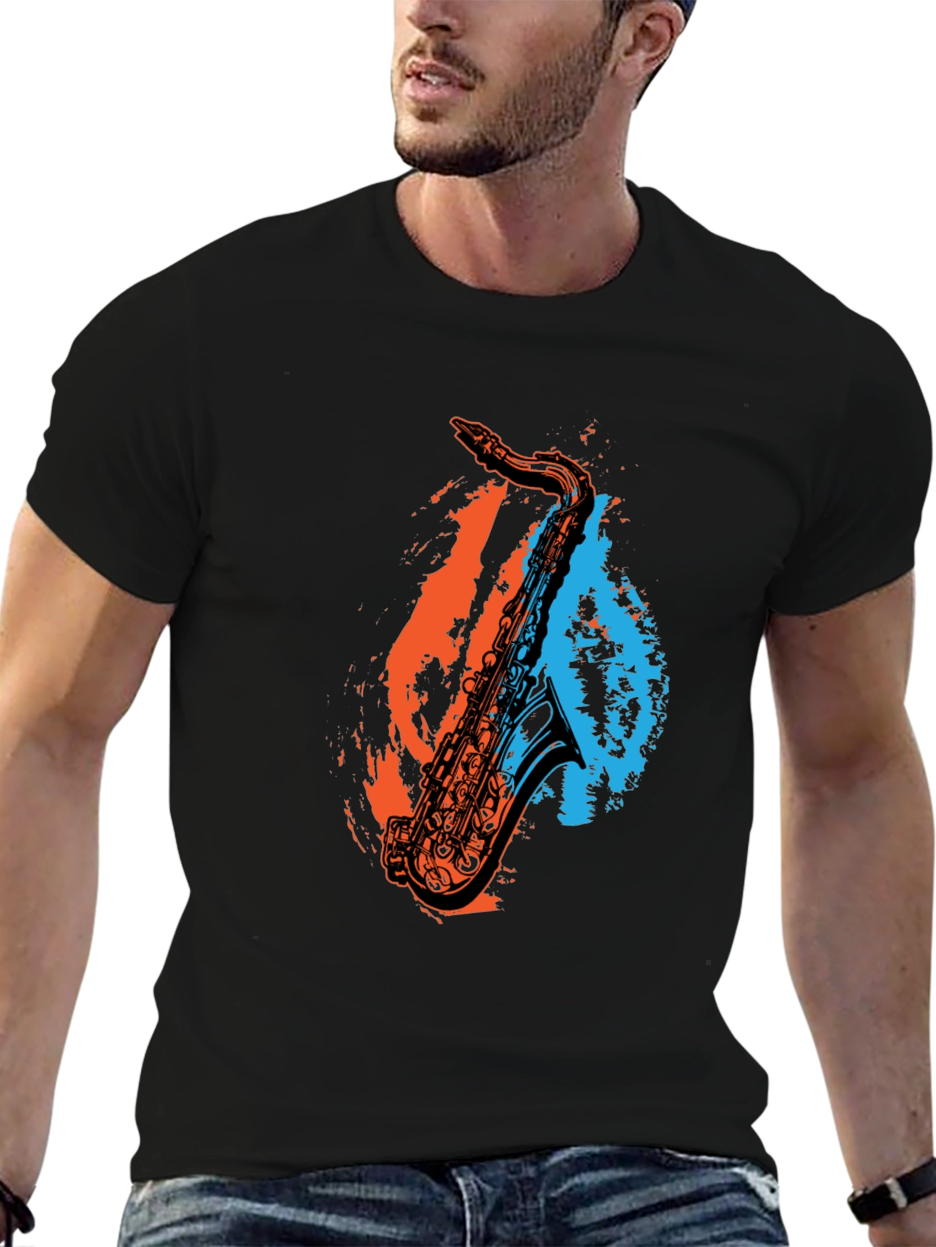 Saxophone Graphic Print Black T-Shirt