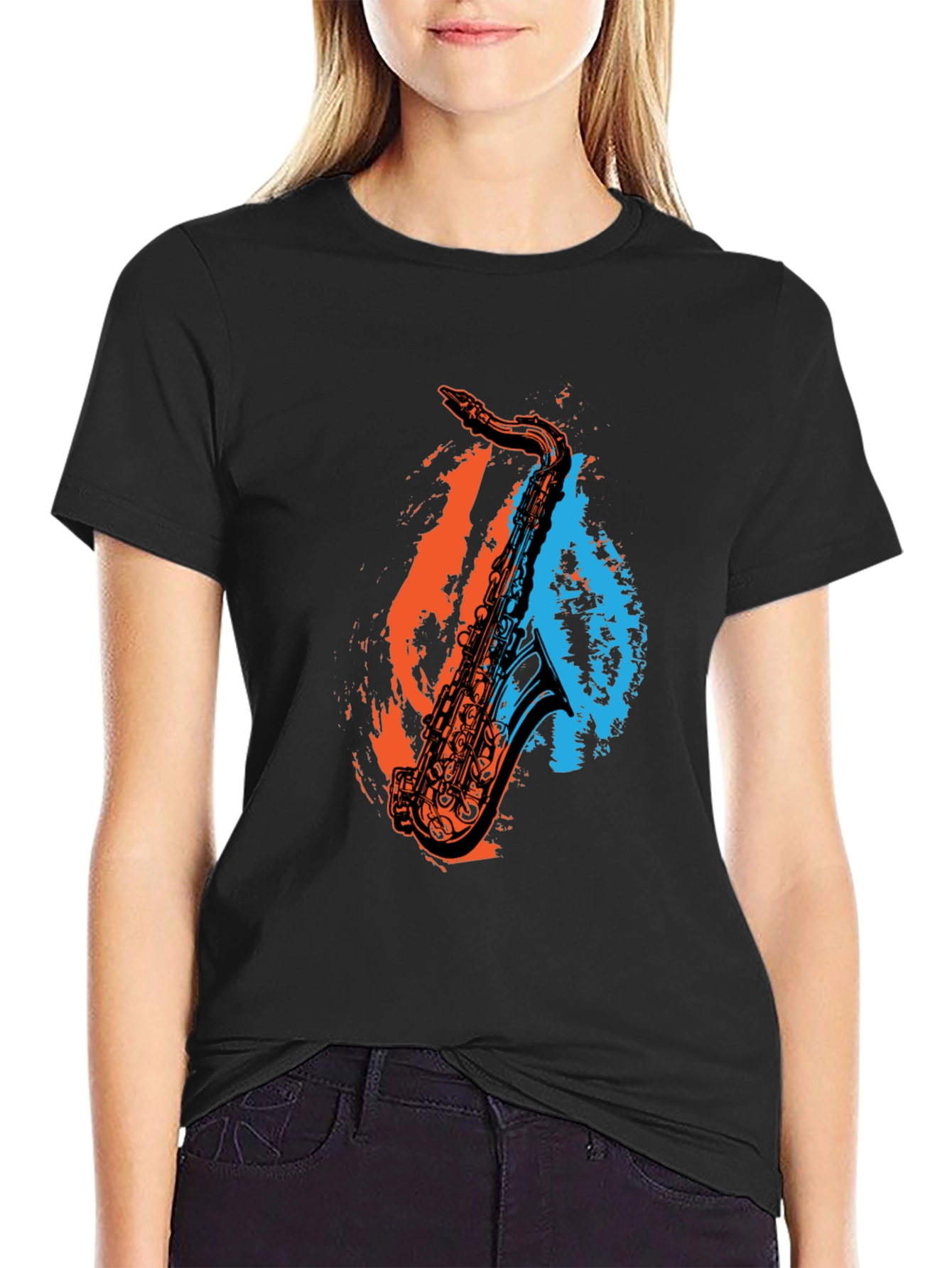 Saxophone Graphic Print Black T-Shirt