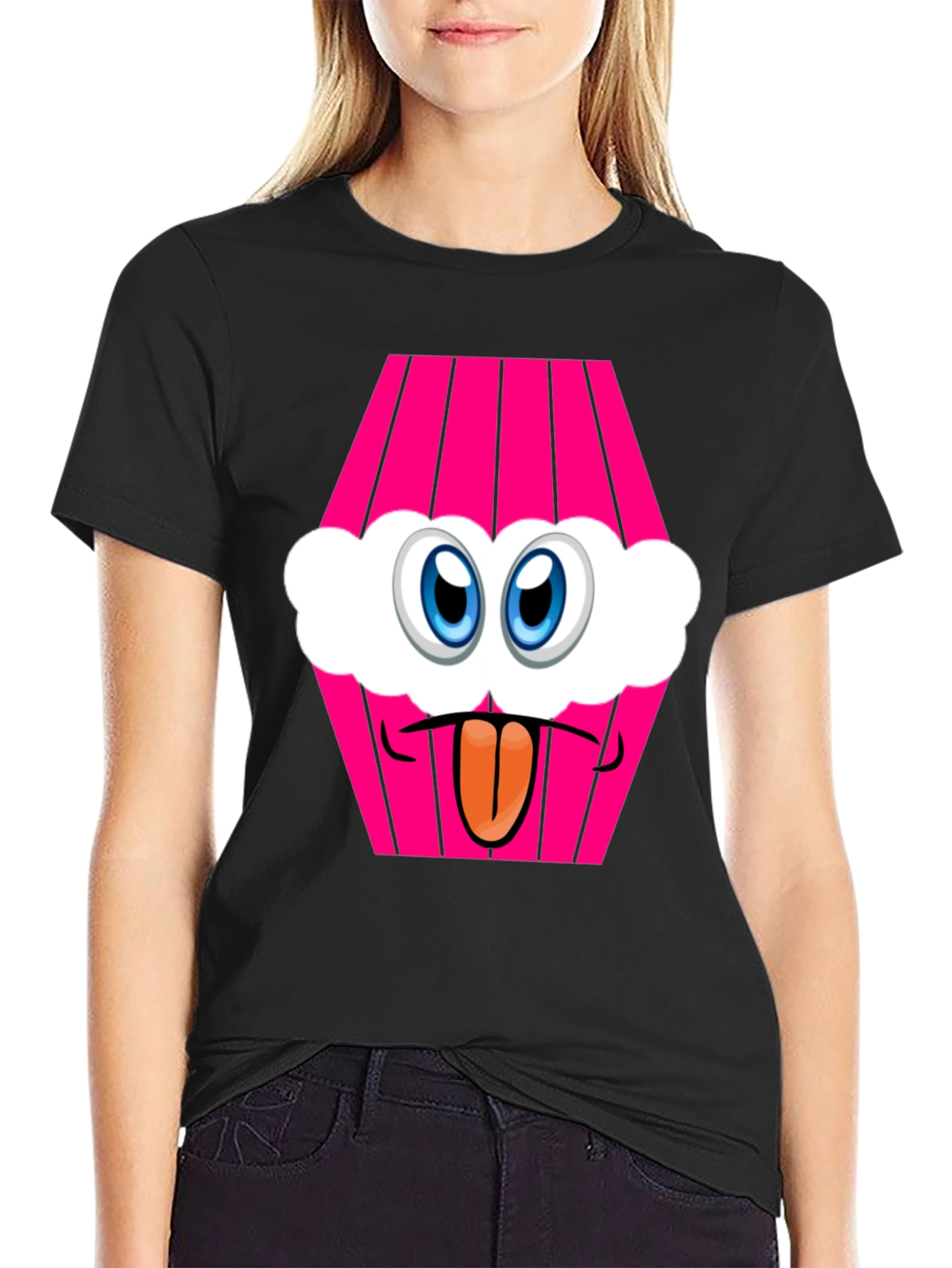 Cartoon Cupcake Face Black T-Shirt