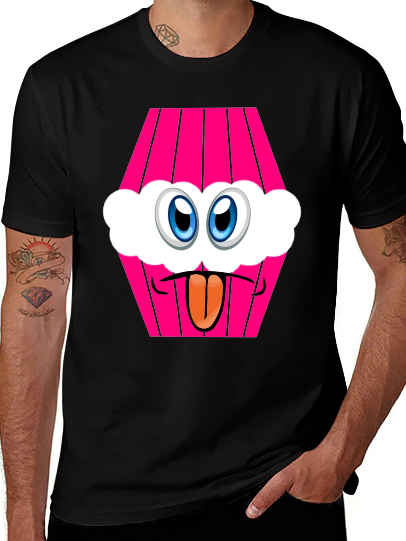 Cartoon Cupcake Face Black T-Shirt