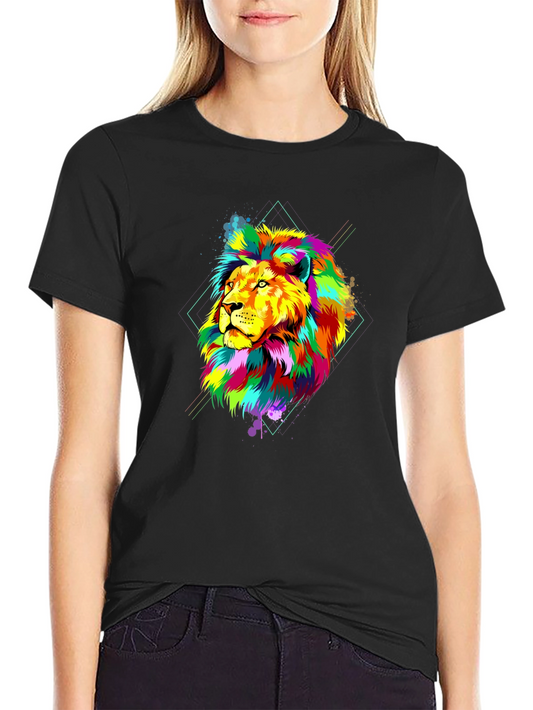 Mens Black T-Shirt with Colorful Lion Graphic