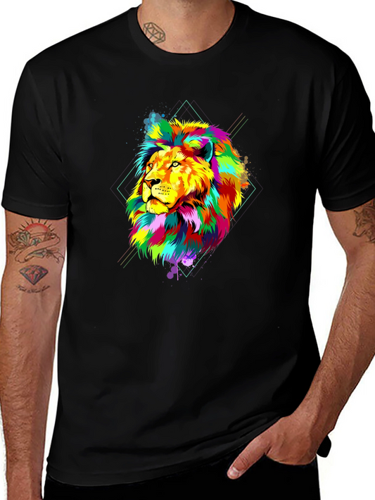 Mens Black T-Shirt with Colorful Lion Graphic