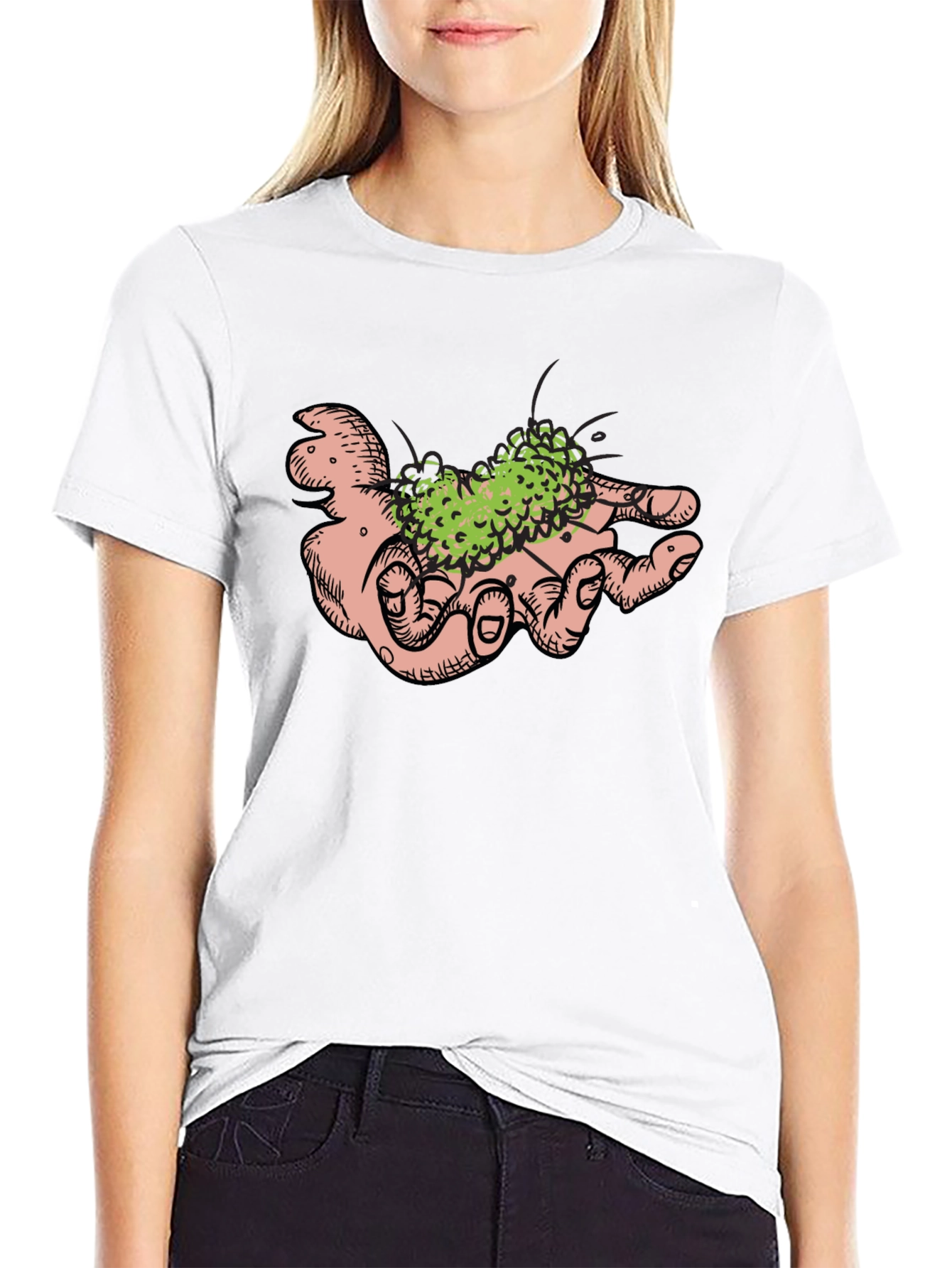 Hand Holding Green Plant Black T-Shirt