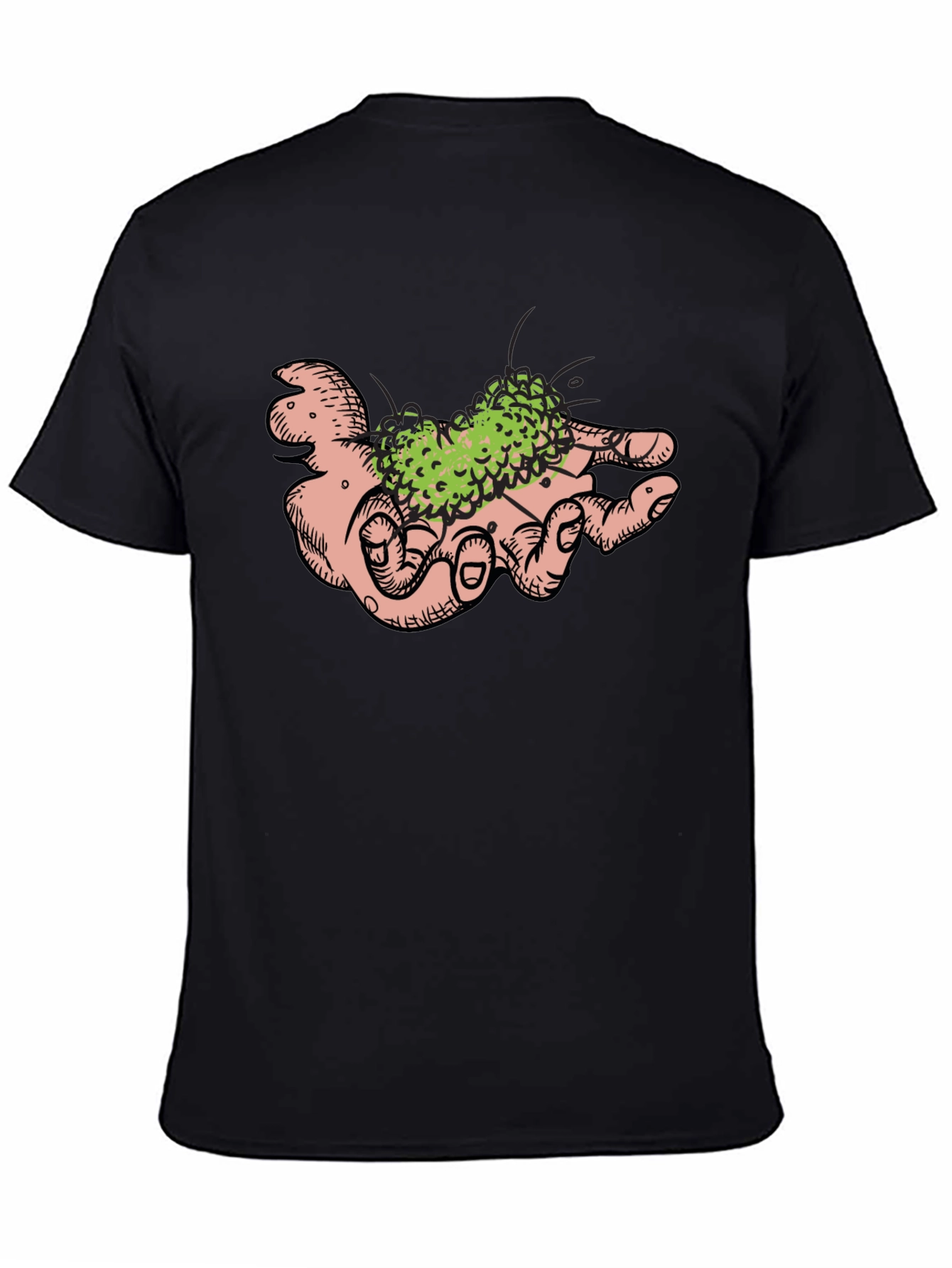 Hand Holding Green Plant Black T-Shirt