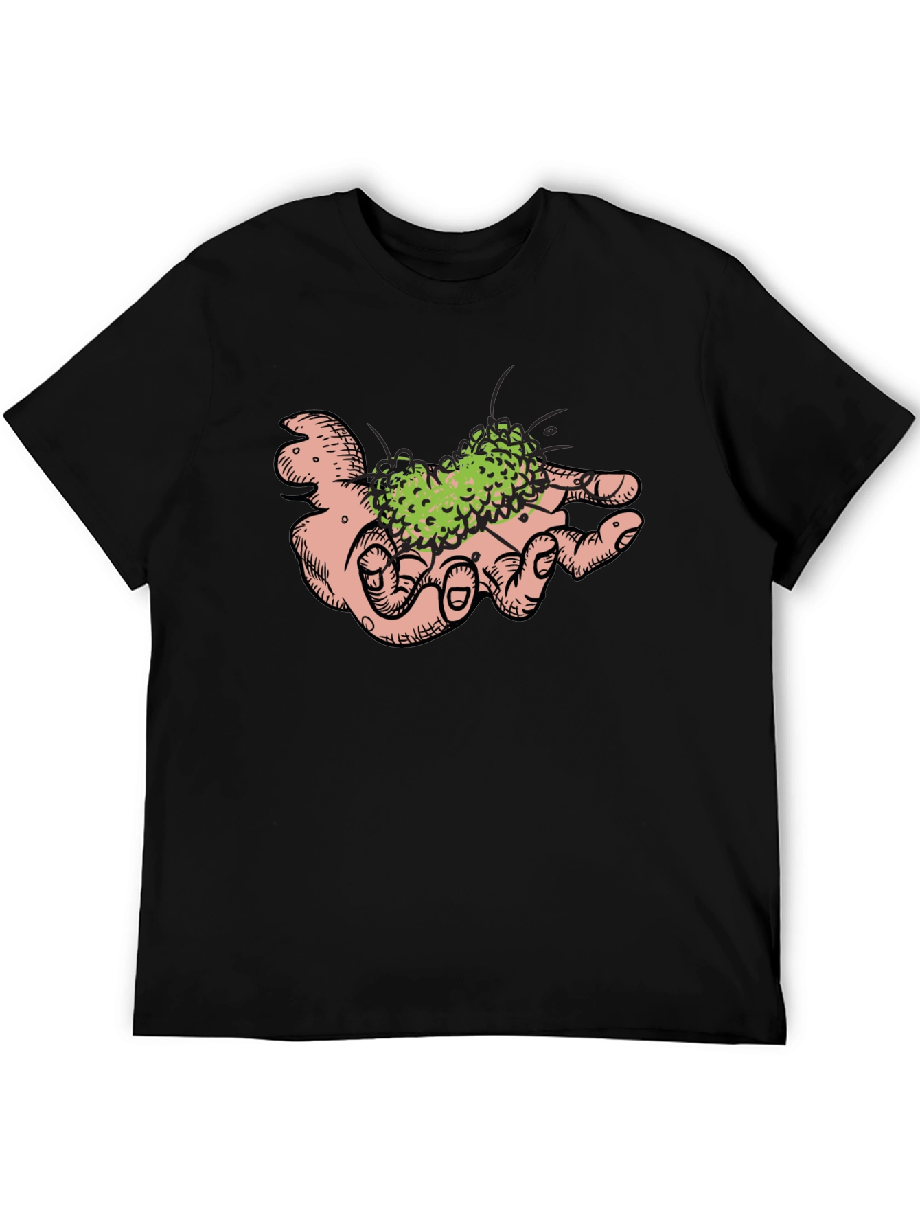 Hand Holding Green Plant Black T-Shirt