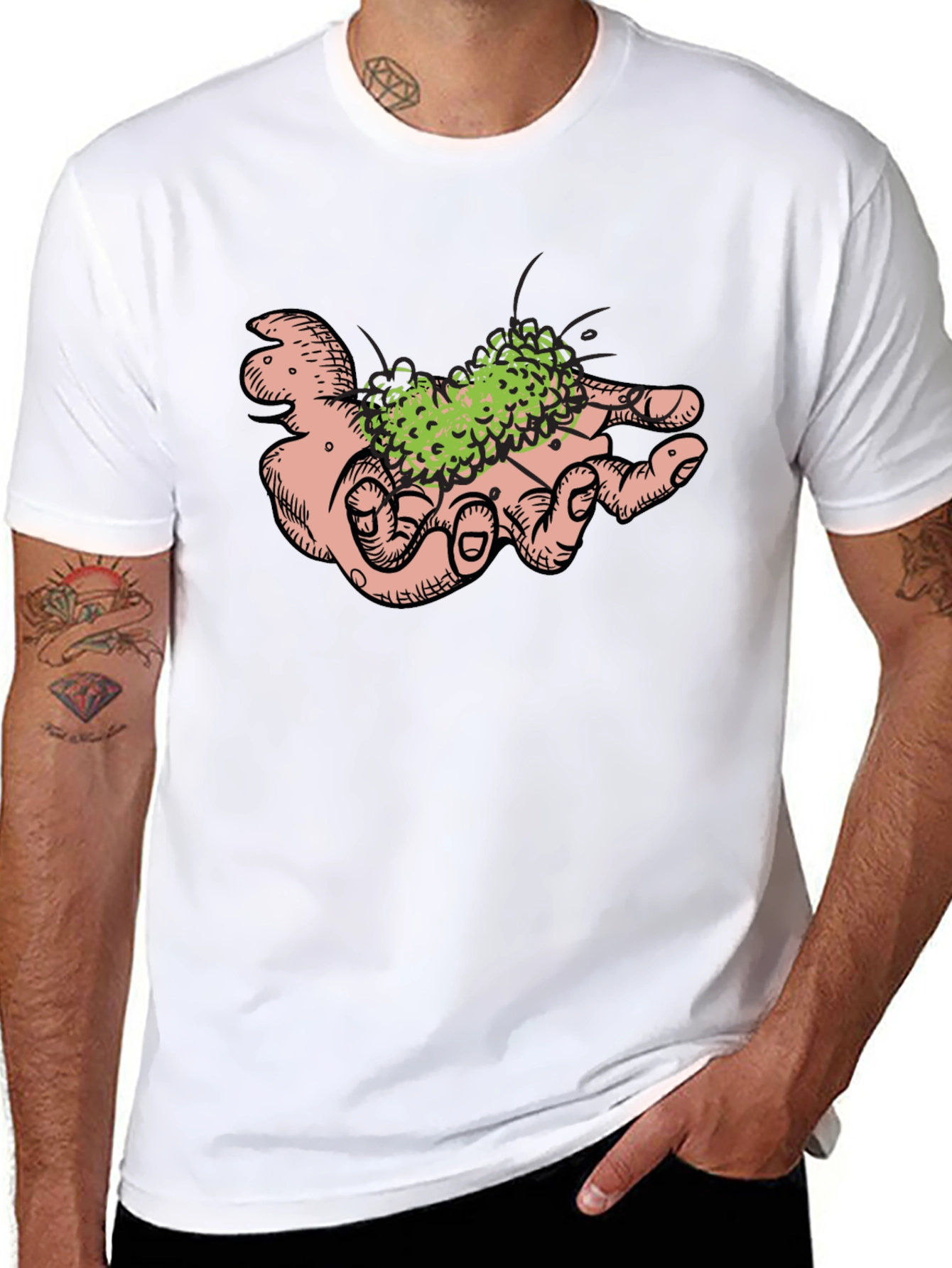 Hand Holding Green Plant Black T-Shirt