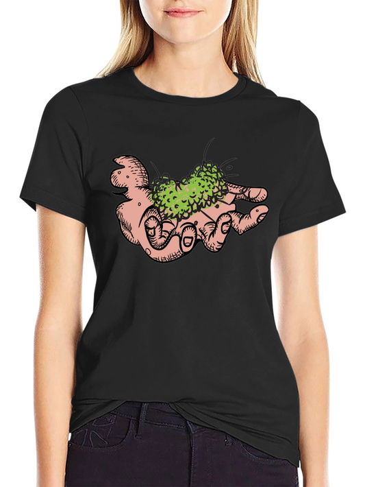 Hand Holding Green Plant Black T-Shirt