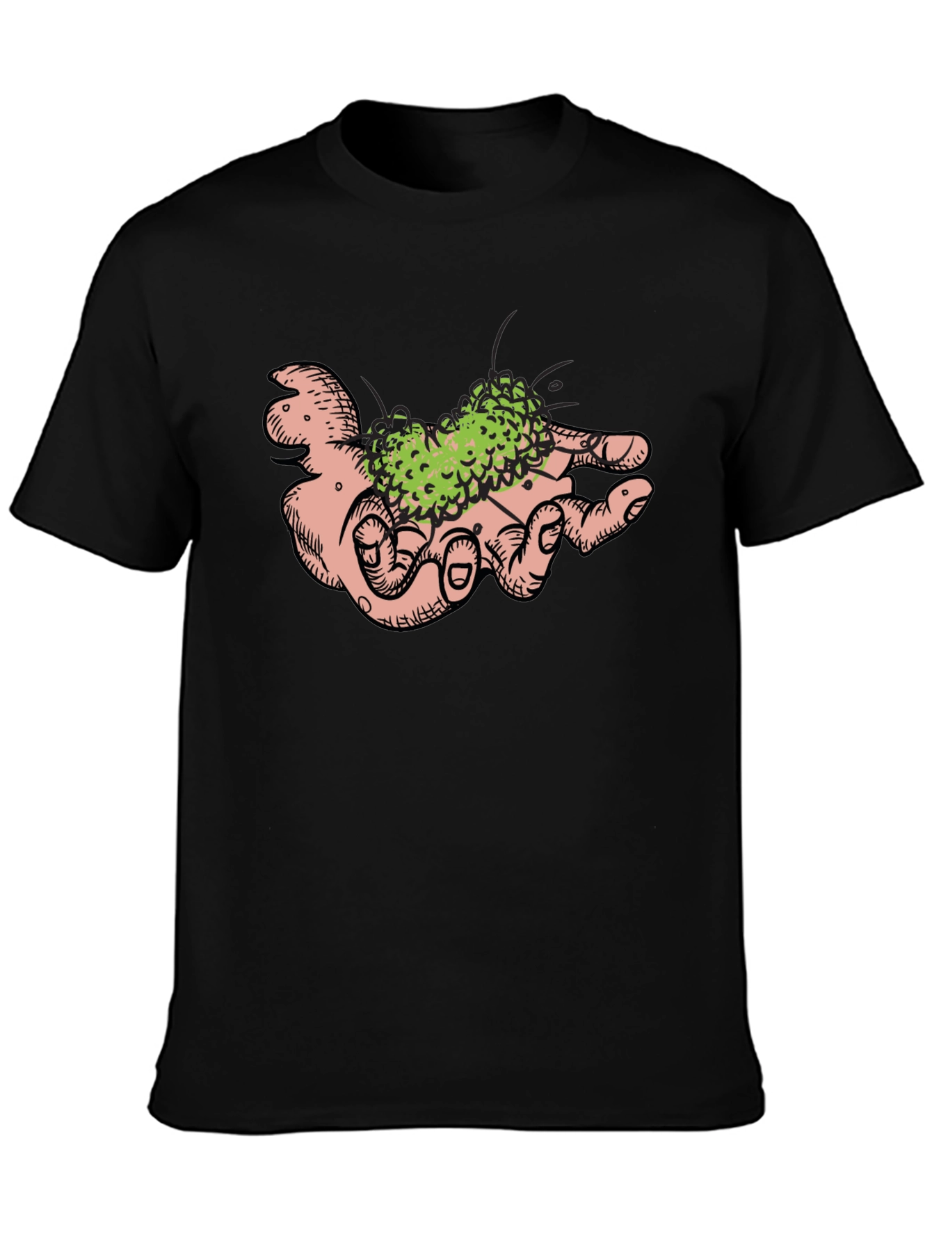 Hand Holding Green Plant Black T-Shirt