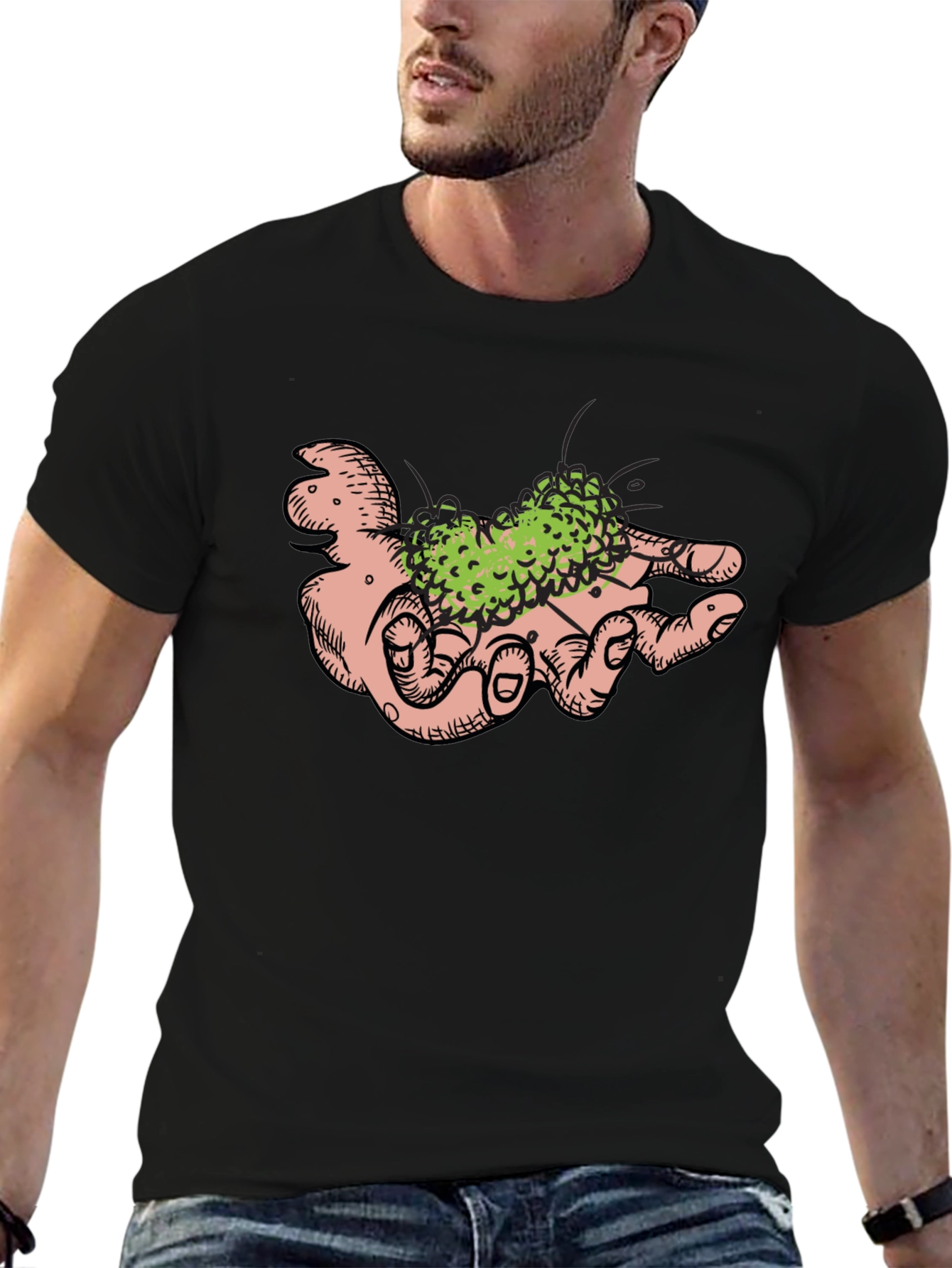 Hand Holding Green Plant Black T-Shirt