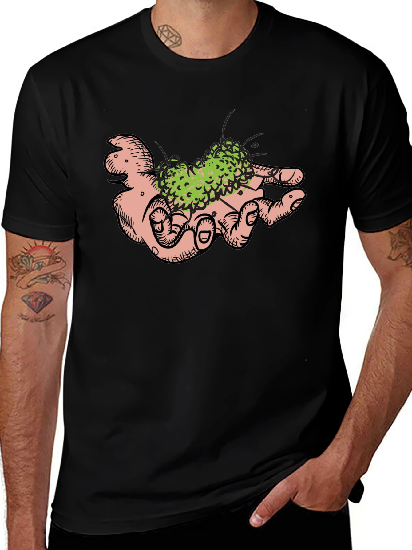 Hand Holding Green Plant Black T-Shirt