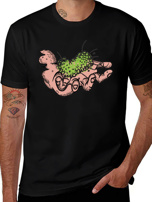 Hand Holding Green Plant Black T-Shirt