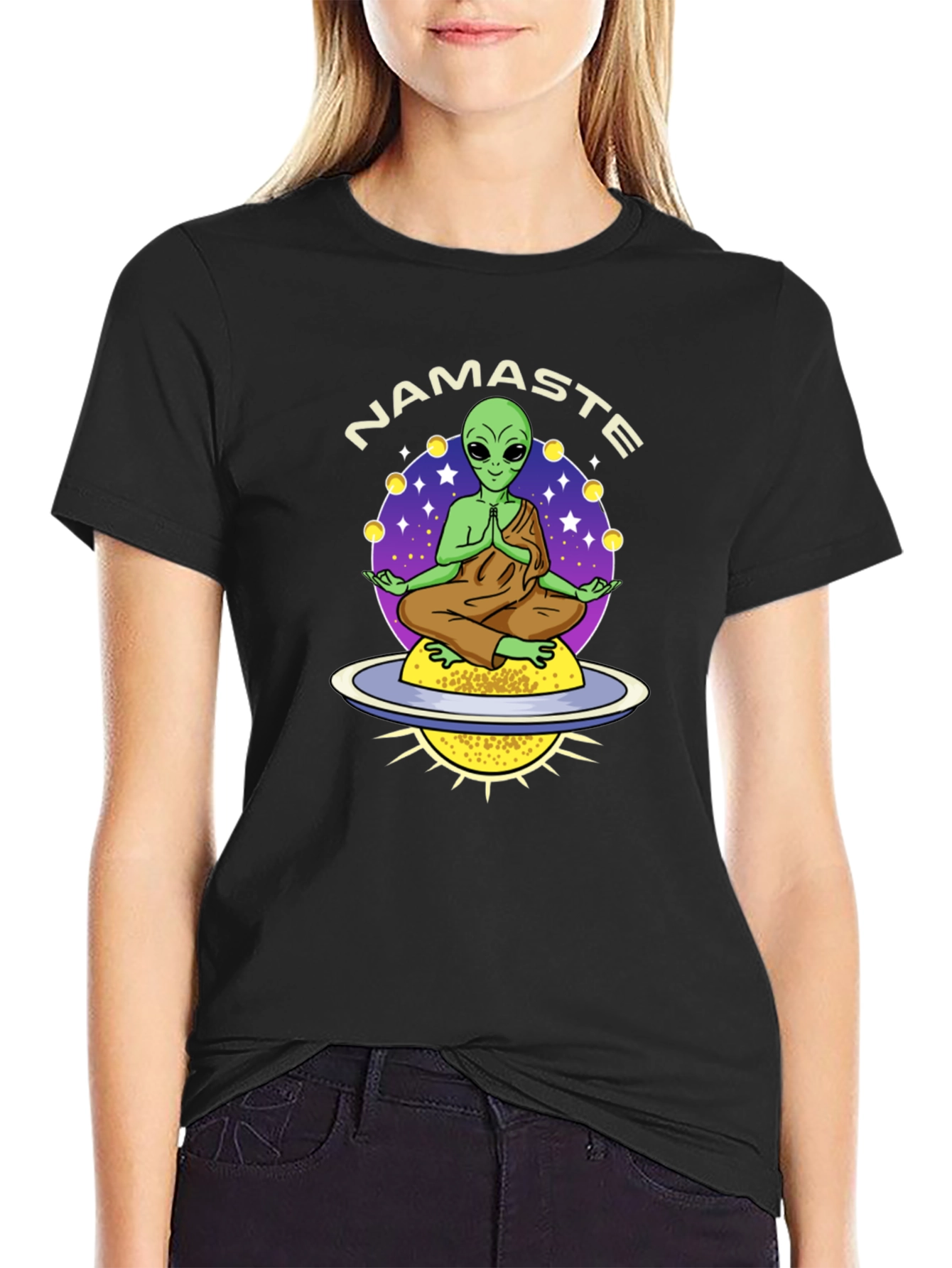 Namaste Alien T-Shirt - Meditating UFO Design