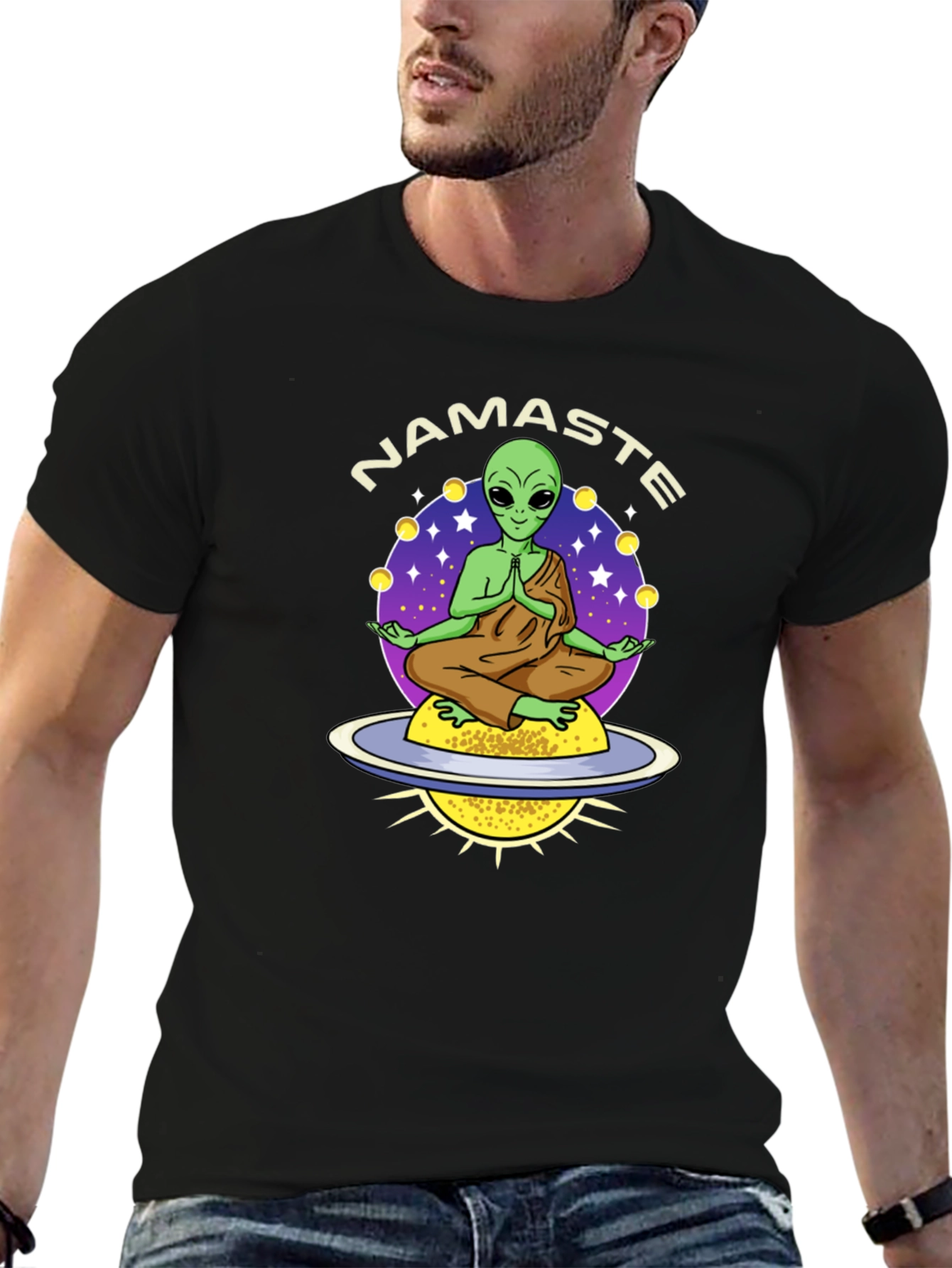 Namaste Alien T-Shirt - Meditating UFO Design