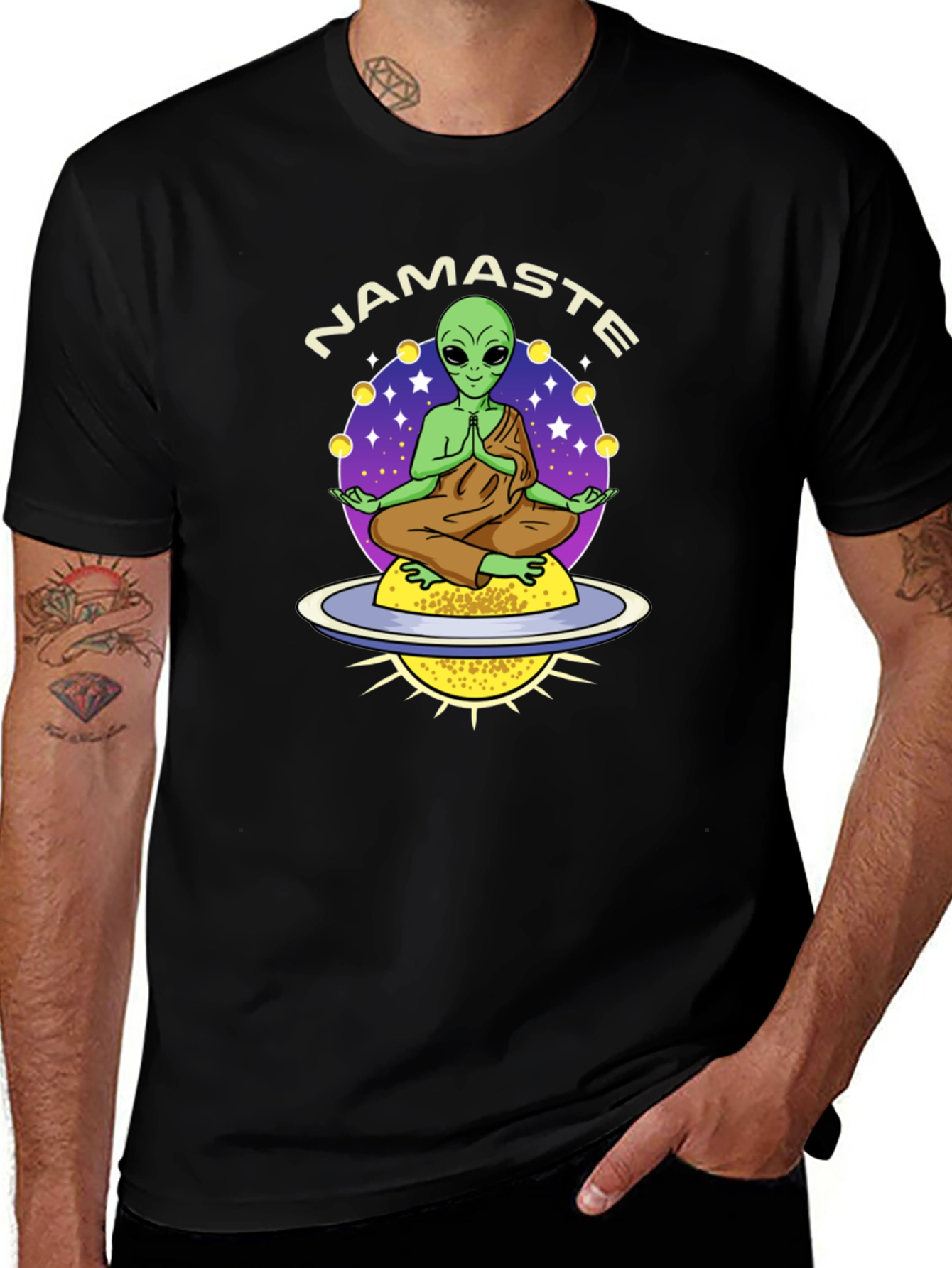 Namaste Alien T-Shirt - Meditating UFO Design