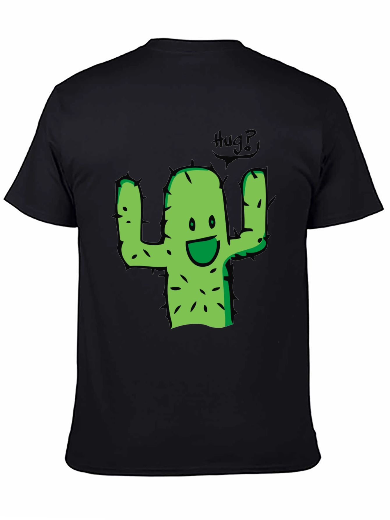 Cute Cactus Hug Graphic Tee - Black Cotton T-Shirt