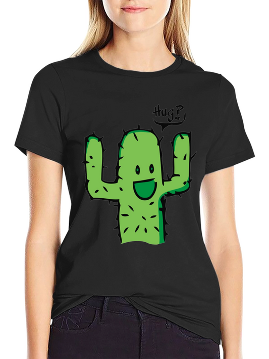 Cute Cactus Hug Graphic Tee - Black Cotton T-Shirt