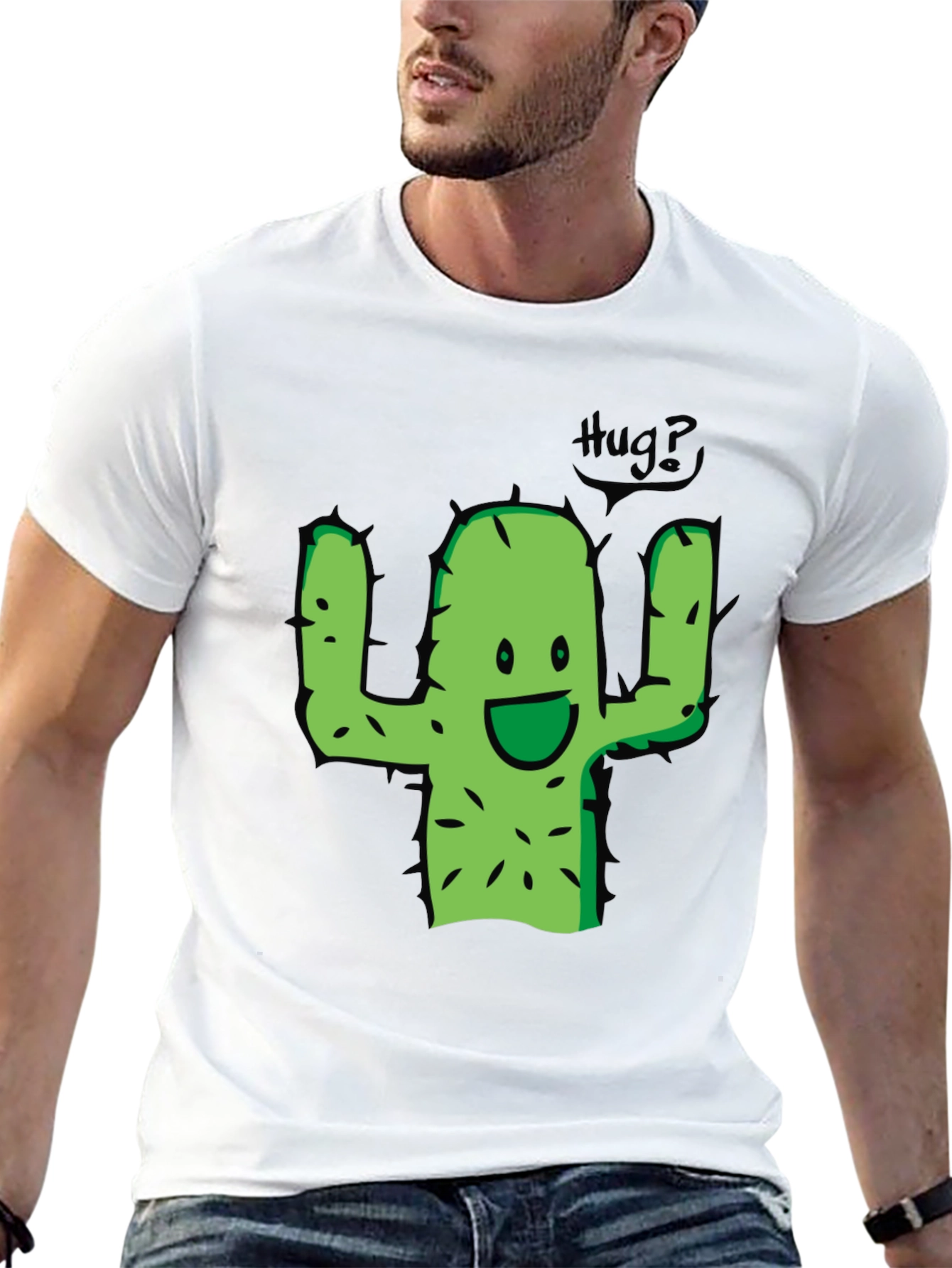 Cute Cactus Hug Graphic Tee - Black Cotton T-Shirt