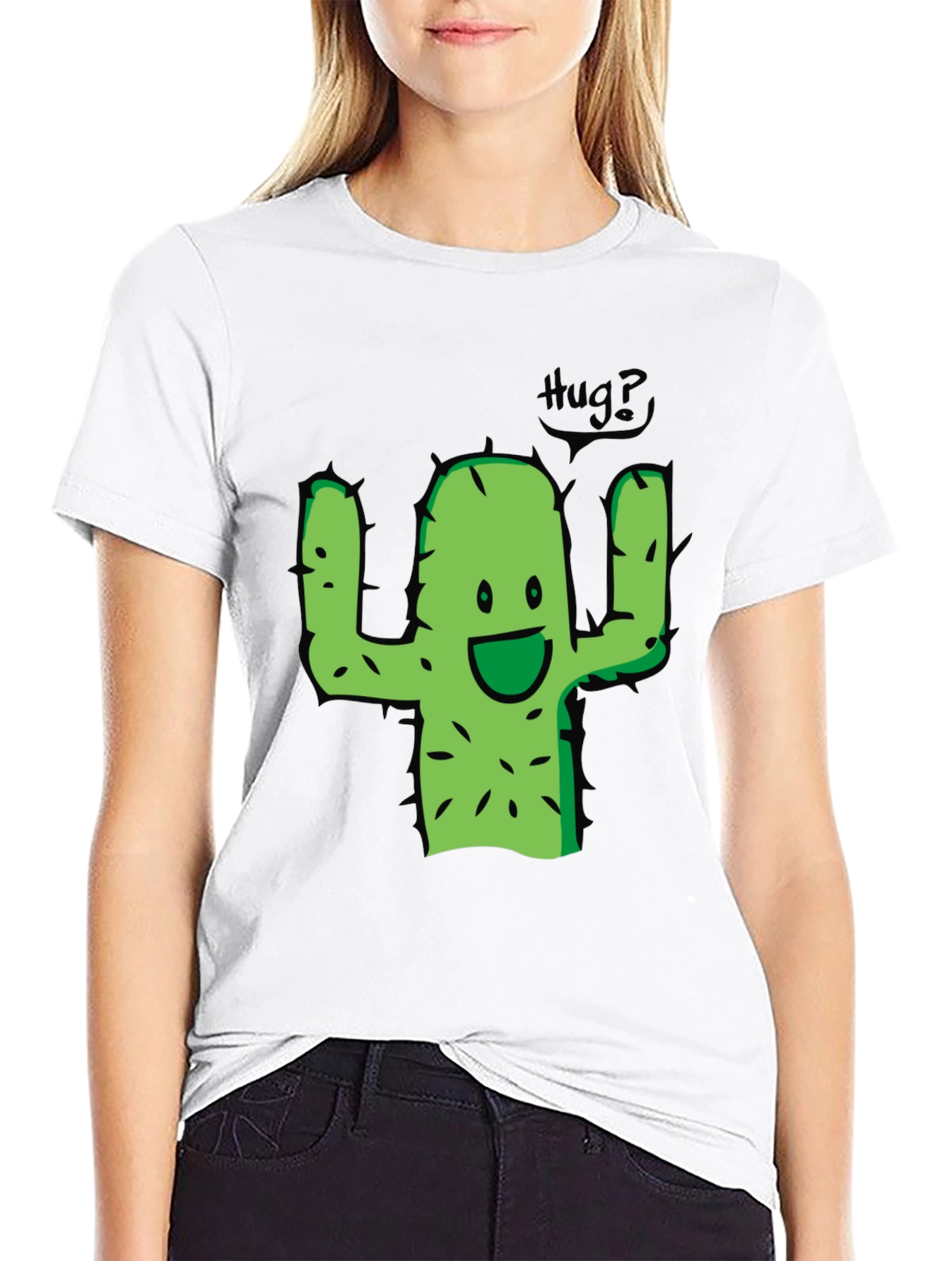Cute Cactus Hug Graphic Tee - Black Cotton T-Shirt