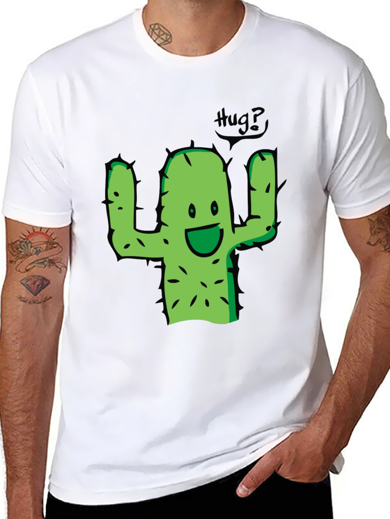 Cute Cactus Hug Graphic Tee - Black Cotton T-Shirt
