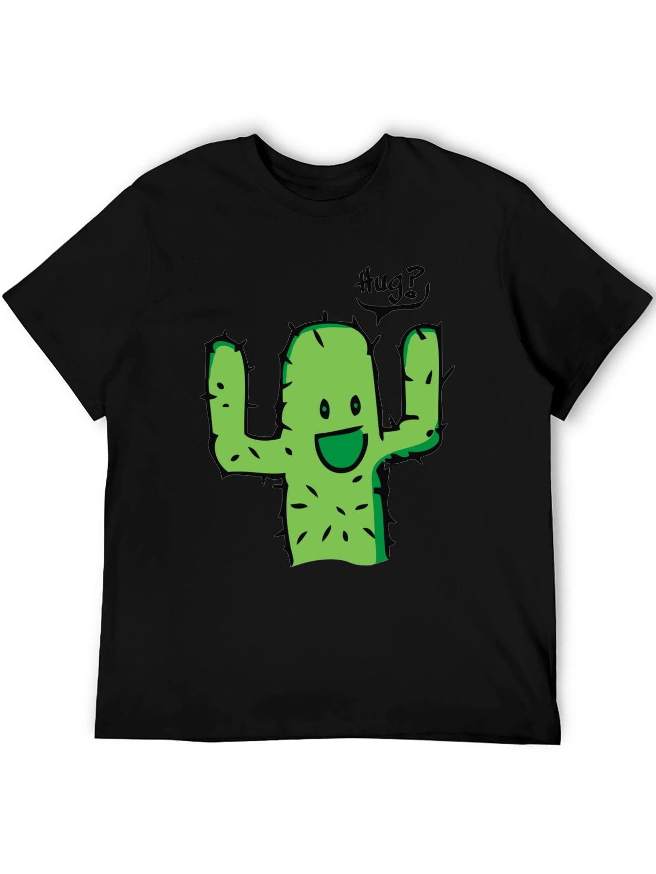 Cute Cactus Hug Graphic Tee - Black Cotton T-Shirt