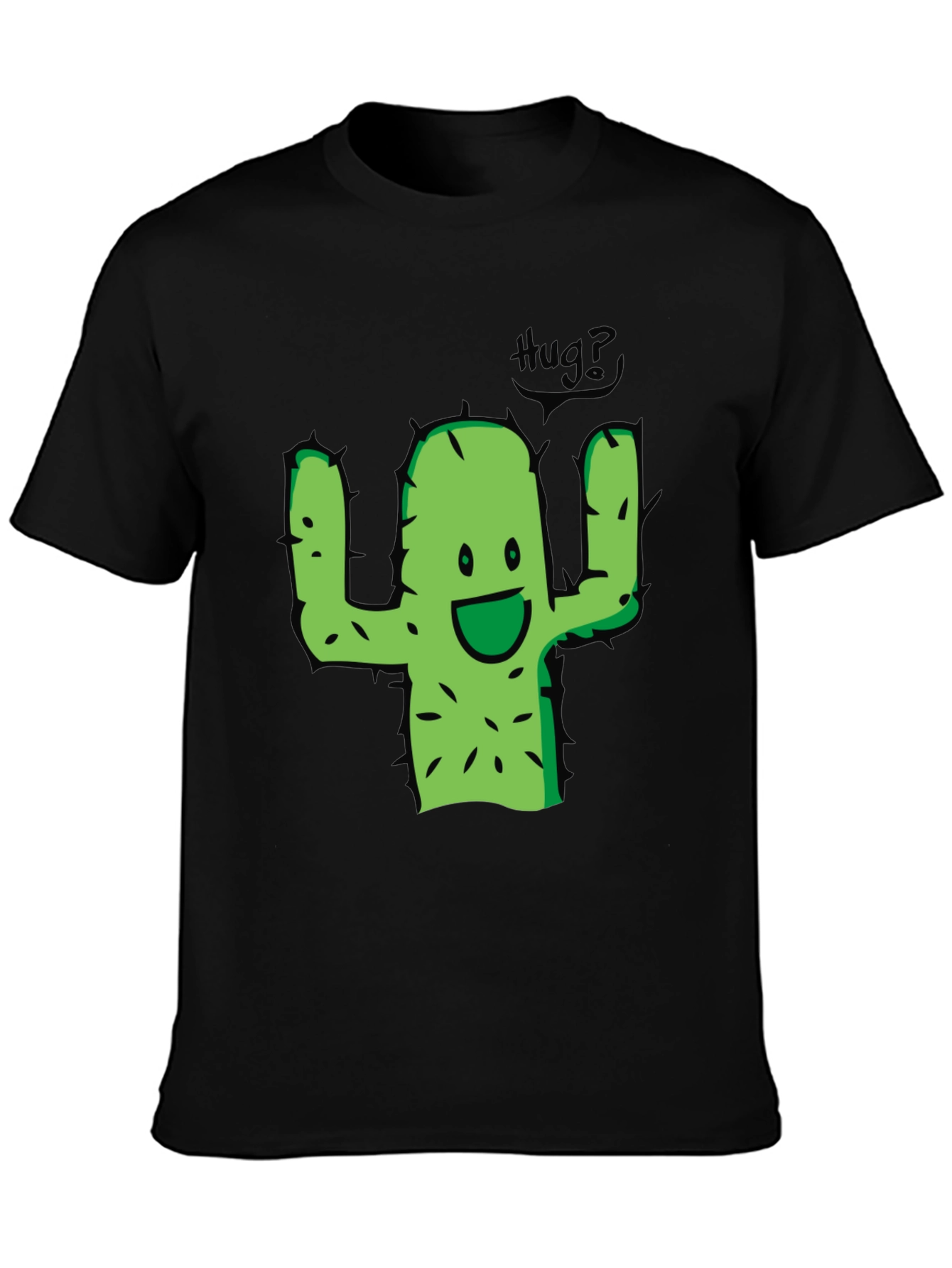 Cute Cactus Hug Graphic Tee - Black Cotton T-Shirt