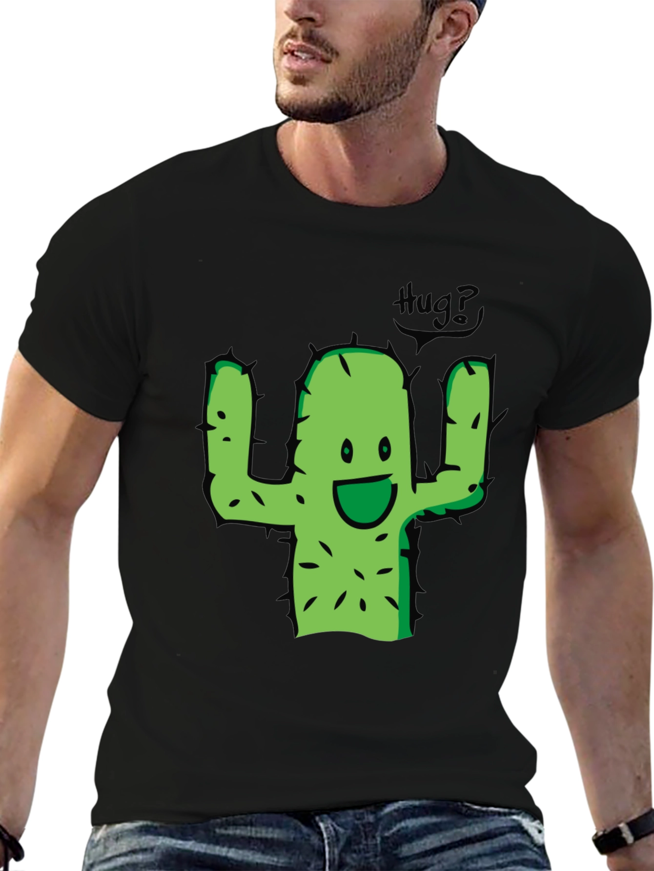 Cute Cactus Hug Graphic Tee - Black Cotton T-Shirt