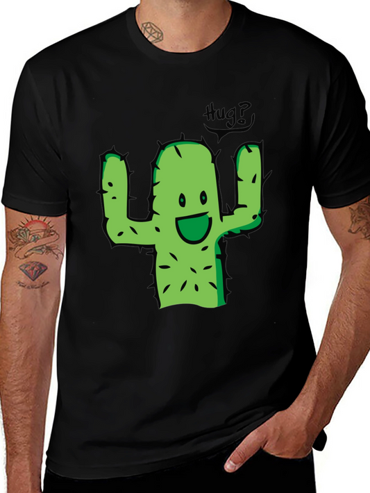 Cute Cactus Hug Graphic Tee - Black Cotton T-Shirt