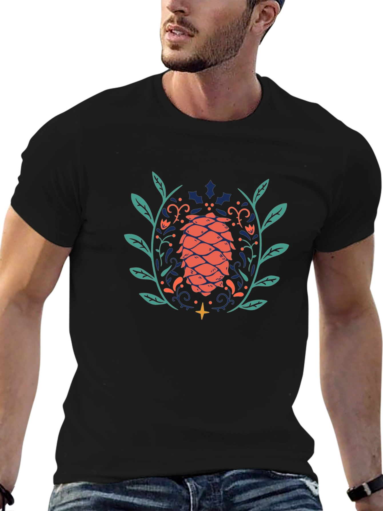 Unique Pinecone Graphic Black T-Shirt