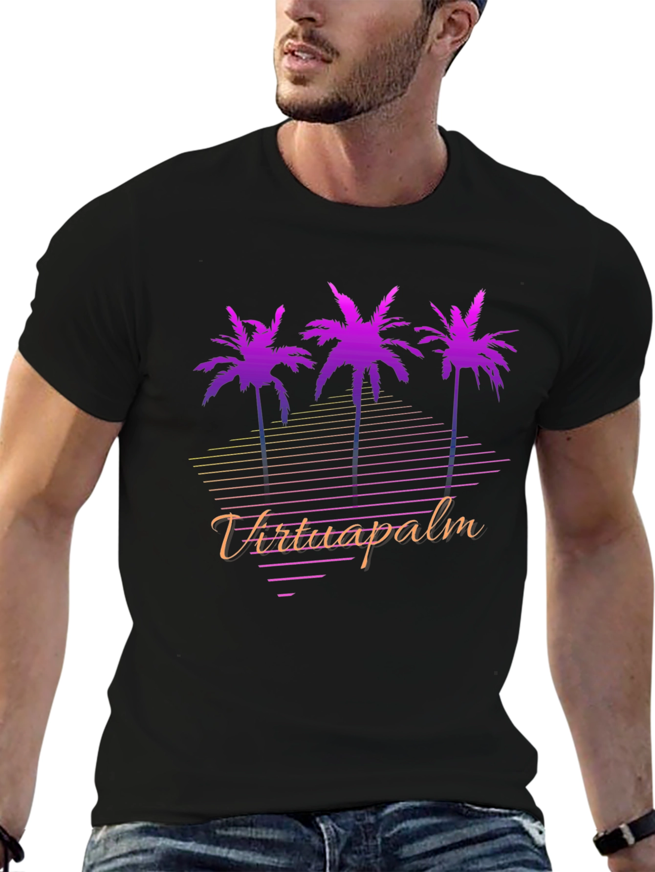 VirtuaPalm Black Graphic Tee - Retro Palm Tree Design