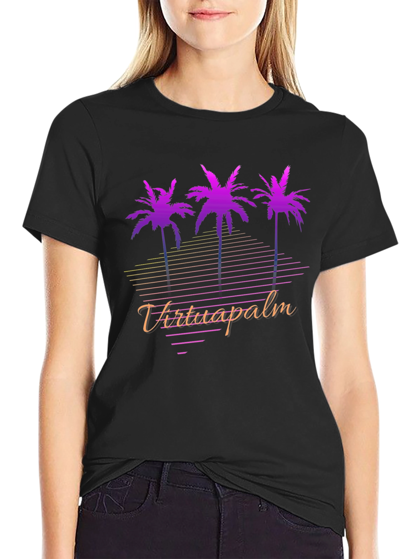 VirtuaPalm Black Graphic Tee - Retro Palm Tree Design