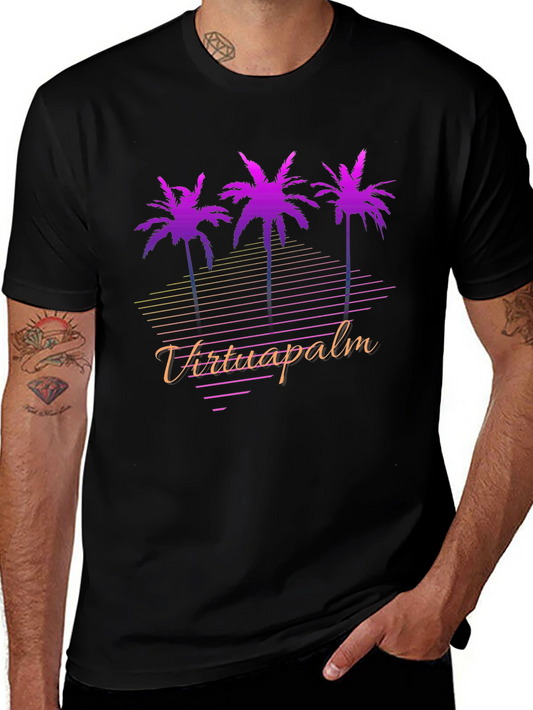 VirtuaPalm Black Graphic Tee - Retro Palm Tree Design