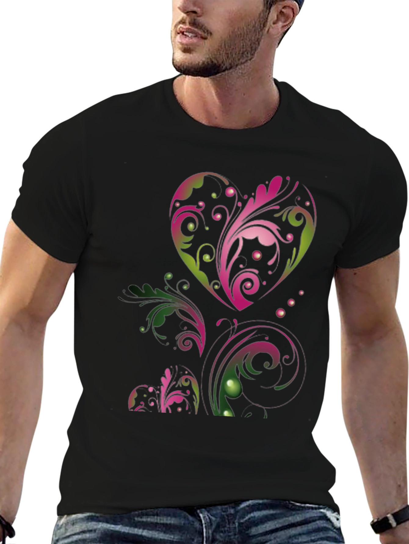 Heart Floral Graphic Black T-Shirt