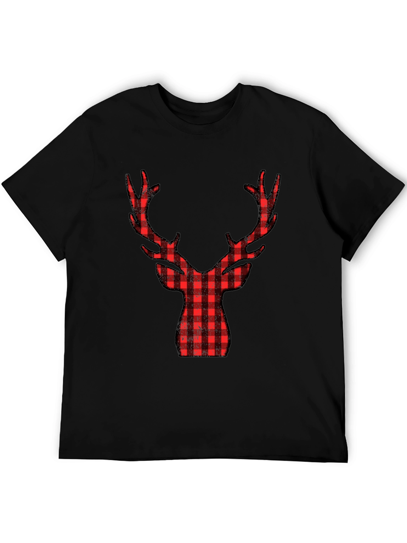 Plaid Reindeer Graphic Tee - Black Cotton Shirt