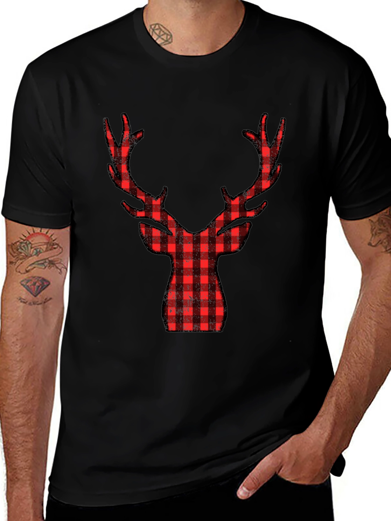 Plaid Reindeer Graphic Tee - Black Cotton Shirt